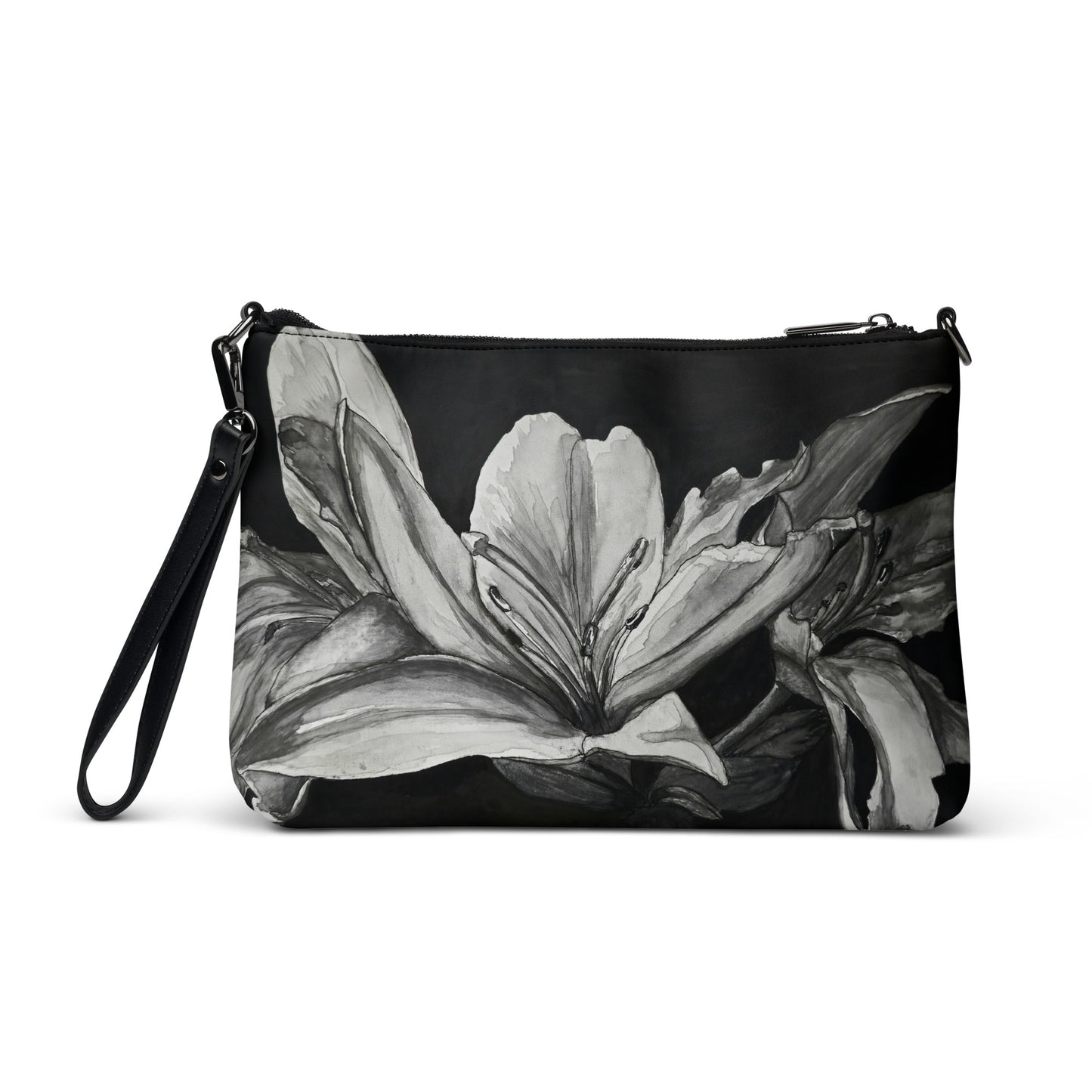 Crossbody Bag -Floral Elegance, Monochrome Lily Artwork by Cathy Dement, Faux Leather, Interchangeable Wrist Strap