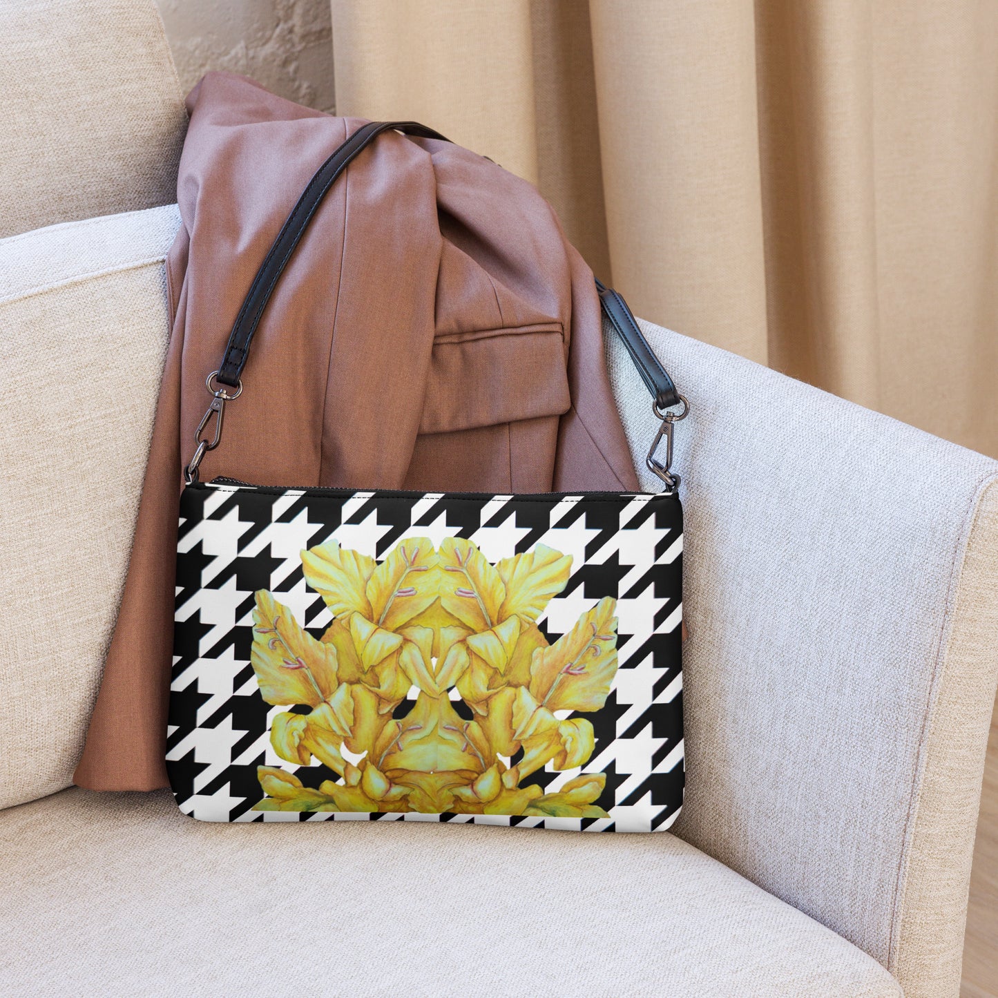 Crossbody Bag - Sunny Blooms, Houndstooth Pattern Yellow Gladiola Artwork Design by Cathy Dement, Faux Leather, Interchangeable Wrist Strap