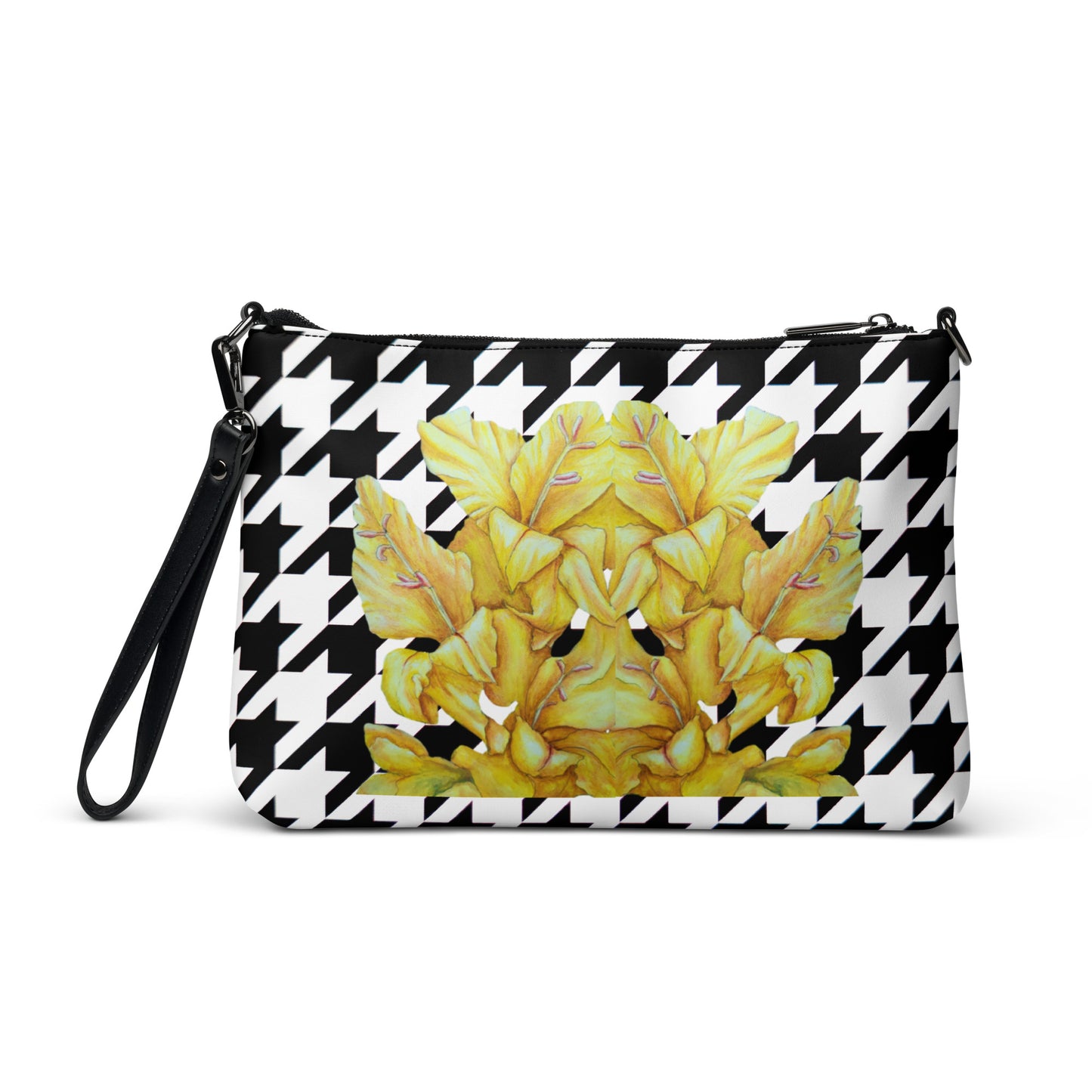 Crossbody Bag - Sunny Blooms, Houndstooth Pattern Yellow Gladiola Artwork Design by Cathy Dement, Faux Leather, Interchangeable Wrist Strap