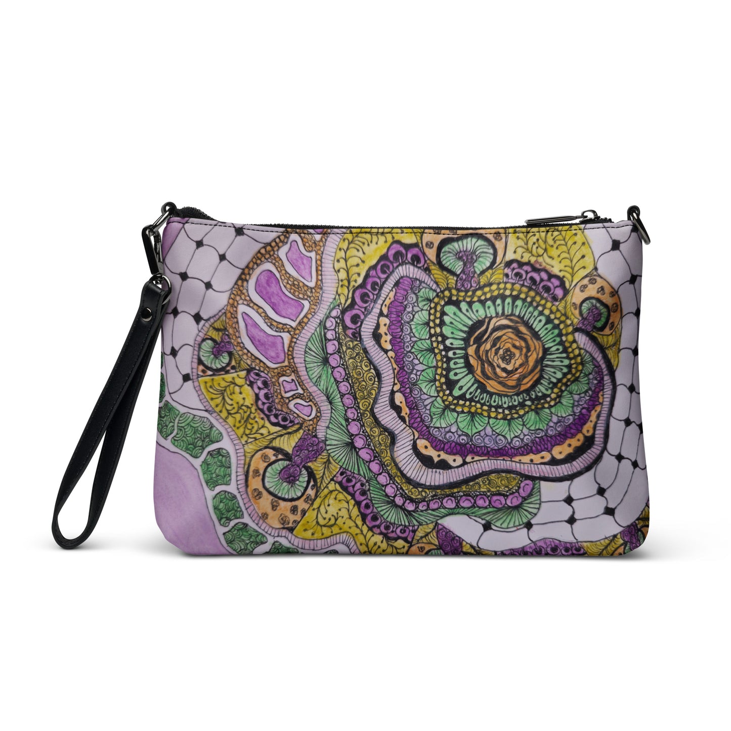 Crossbody Bag - Zen Floral Bliss, Zentangle Design Floral Art by Cathy Dement, Faux Leather, Interchangeable Wrist Strap