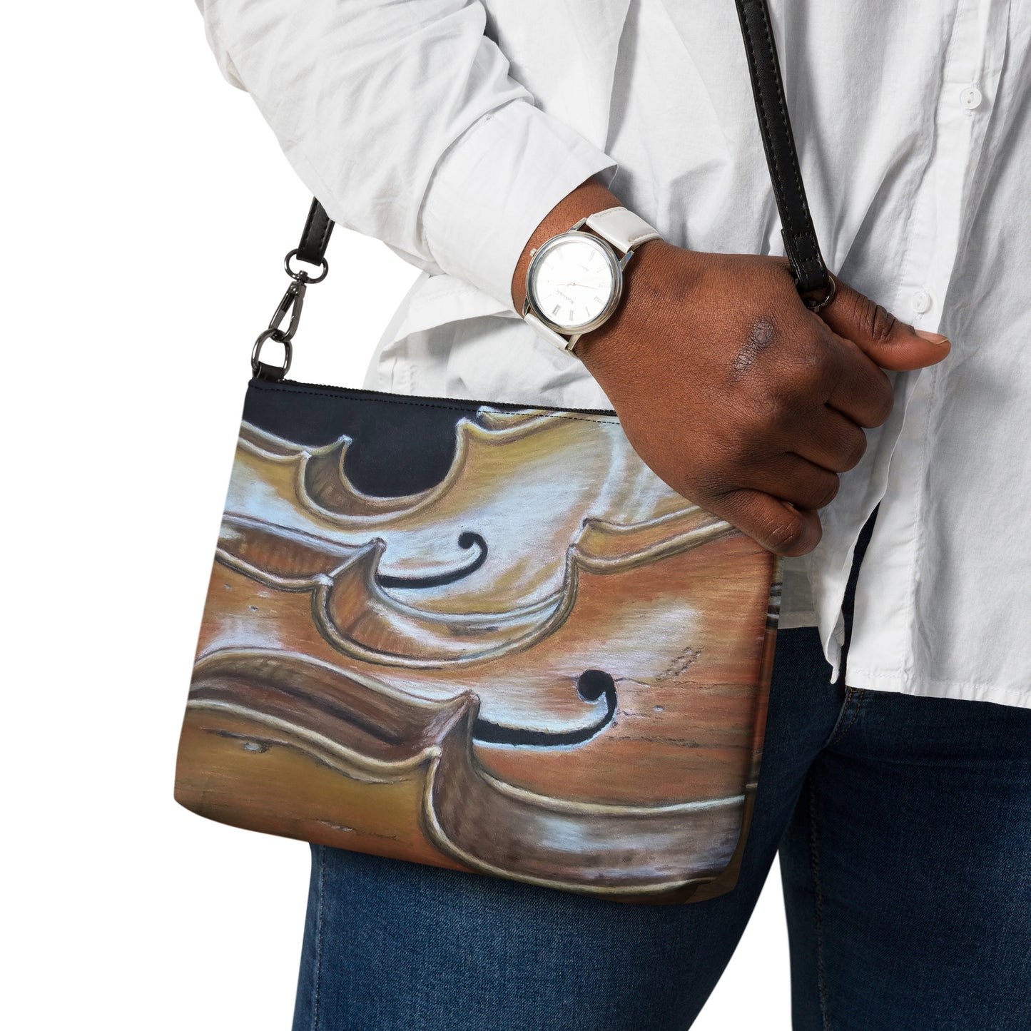 Crossbody Bag - Harmonious Melodies, Cello Trio Musical Instrument Artwork by Cathy Dement, Faux Leather, Interchangeable Wrist Strap