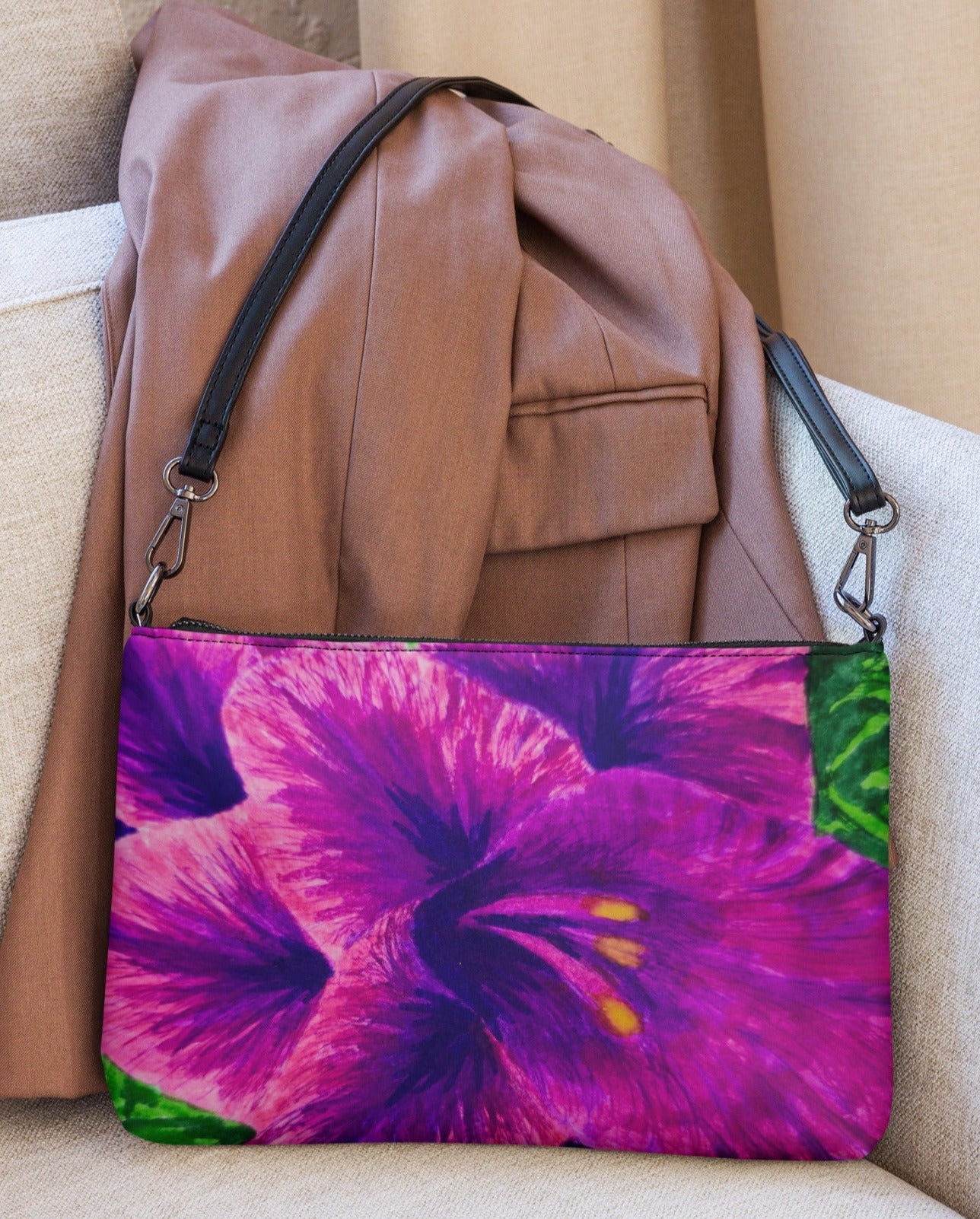 Royal Reverie: Purple Gladiola Artwork Crossbody Bag, Unique Floral Clutch, Designed By Cathy Dement, Interchangeable Wrist Strap