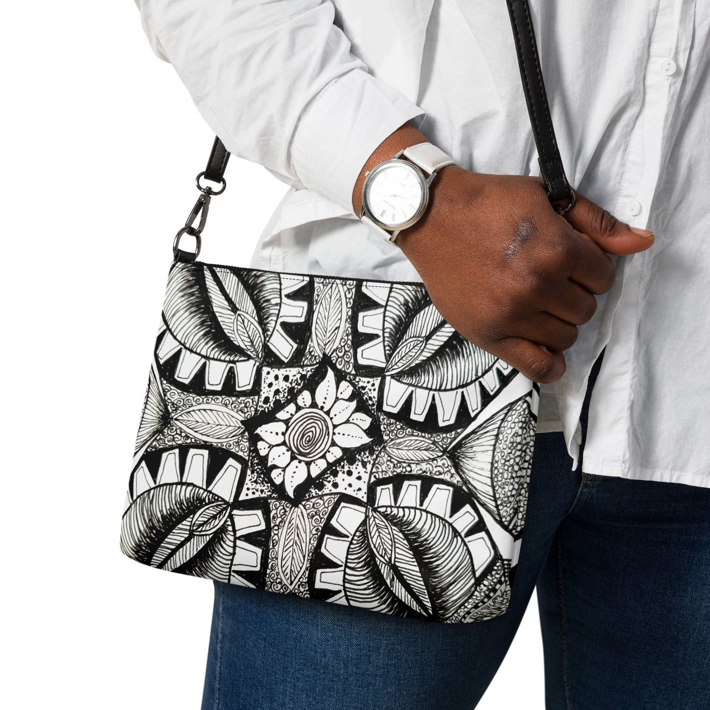 Crossbody Bag, Artwork Purse -  Zen-dala, Monochrome Floral Zentangle Art by Cathy Dement, Faux Leather, Interchangeable Wrist Strap