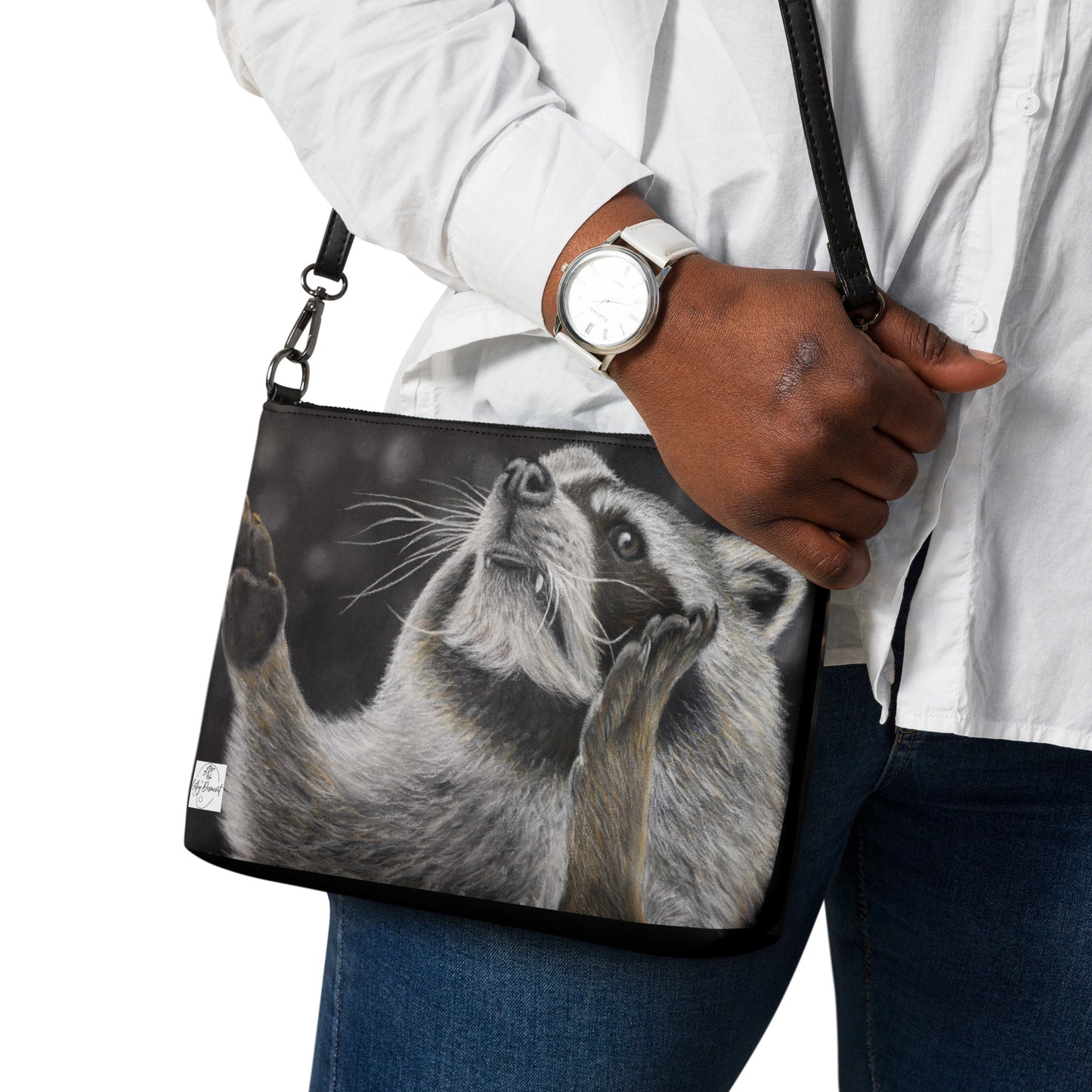 Crossbody Bag - Catching Snowflakes, Whimsical Raccoon Artwork by Cathy Dement Faux Leather, Interchangeable Wrist Strap