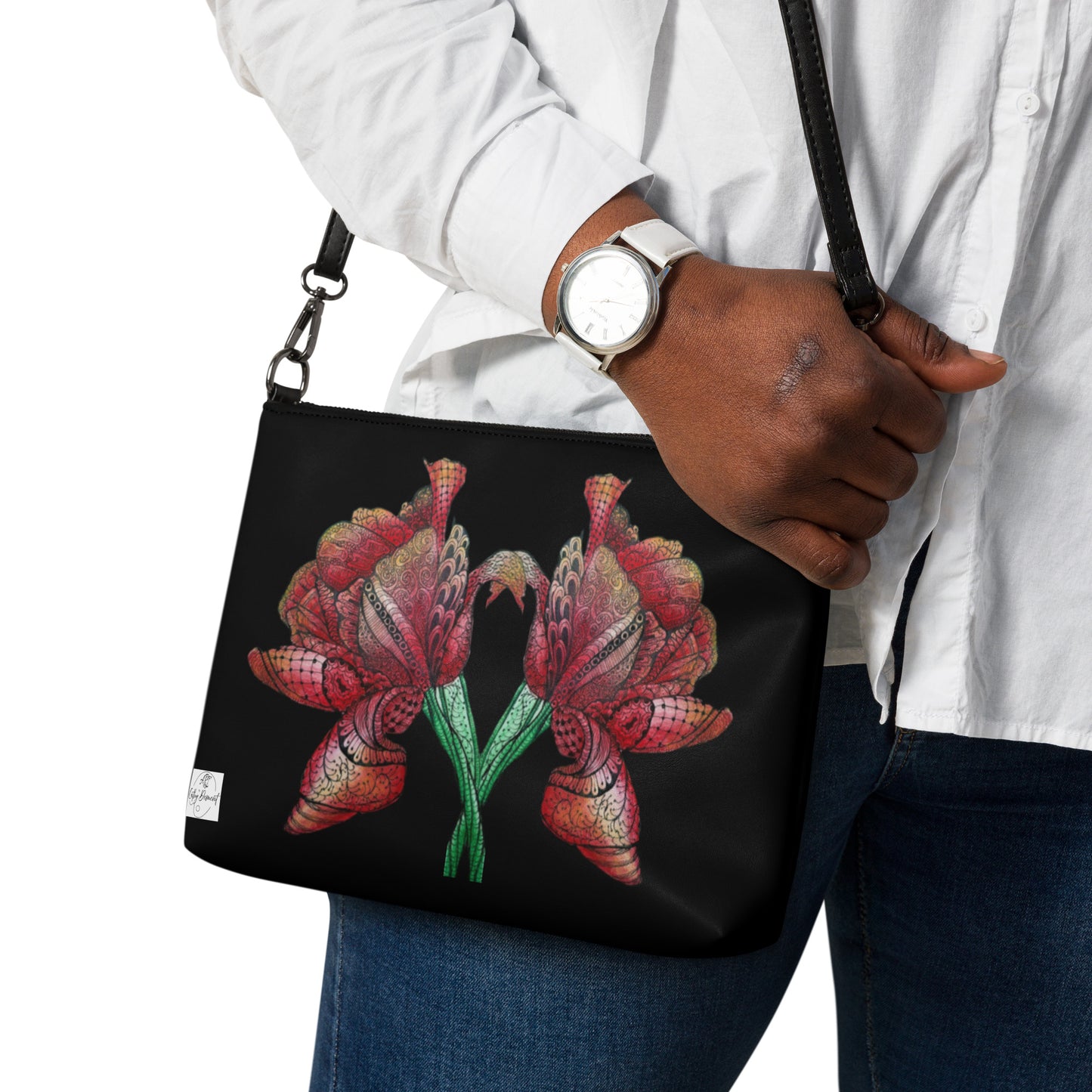 Crossbody Bag -Zen Floral Harmony, Colorful Zentangle Flower Design by Cathy Dement, Interchangeable Wrist Strap