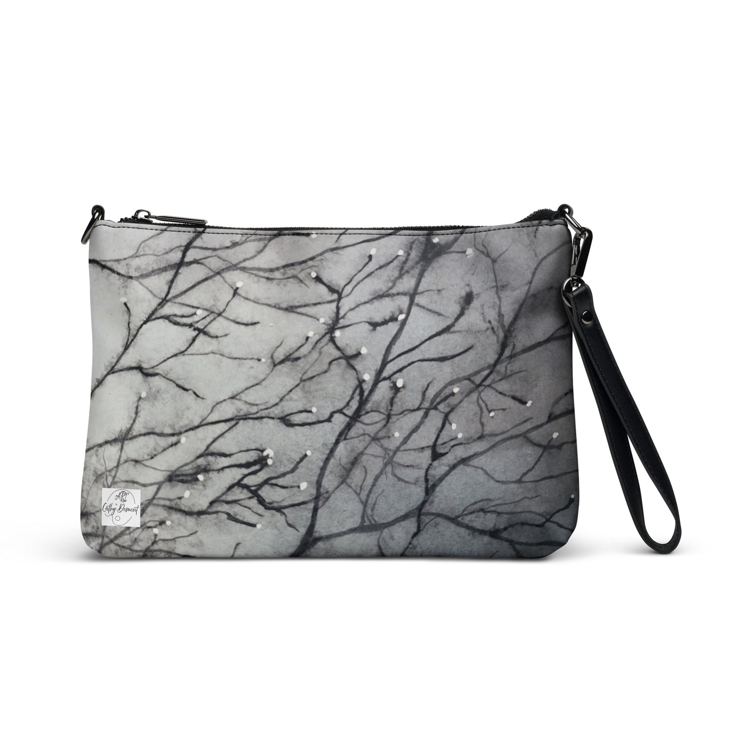 Tranquil Dawn Misty Morning Crossbody Bag - Serene Tree Branches with Dew Drops Design by Cathy Dement