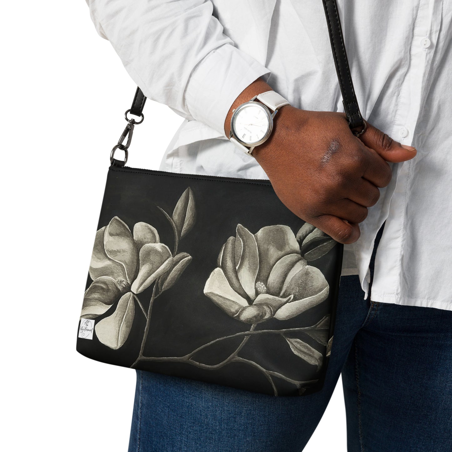 Crossbody Bag - Midnight Magnolias, Original Watercolor Artwork by Cathy Dement, Faux Leather, Interchangeable Wrist Strap