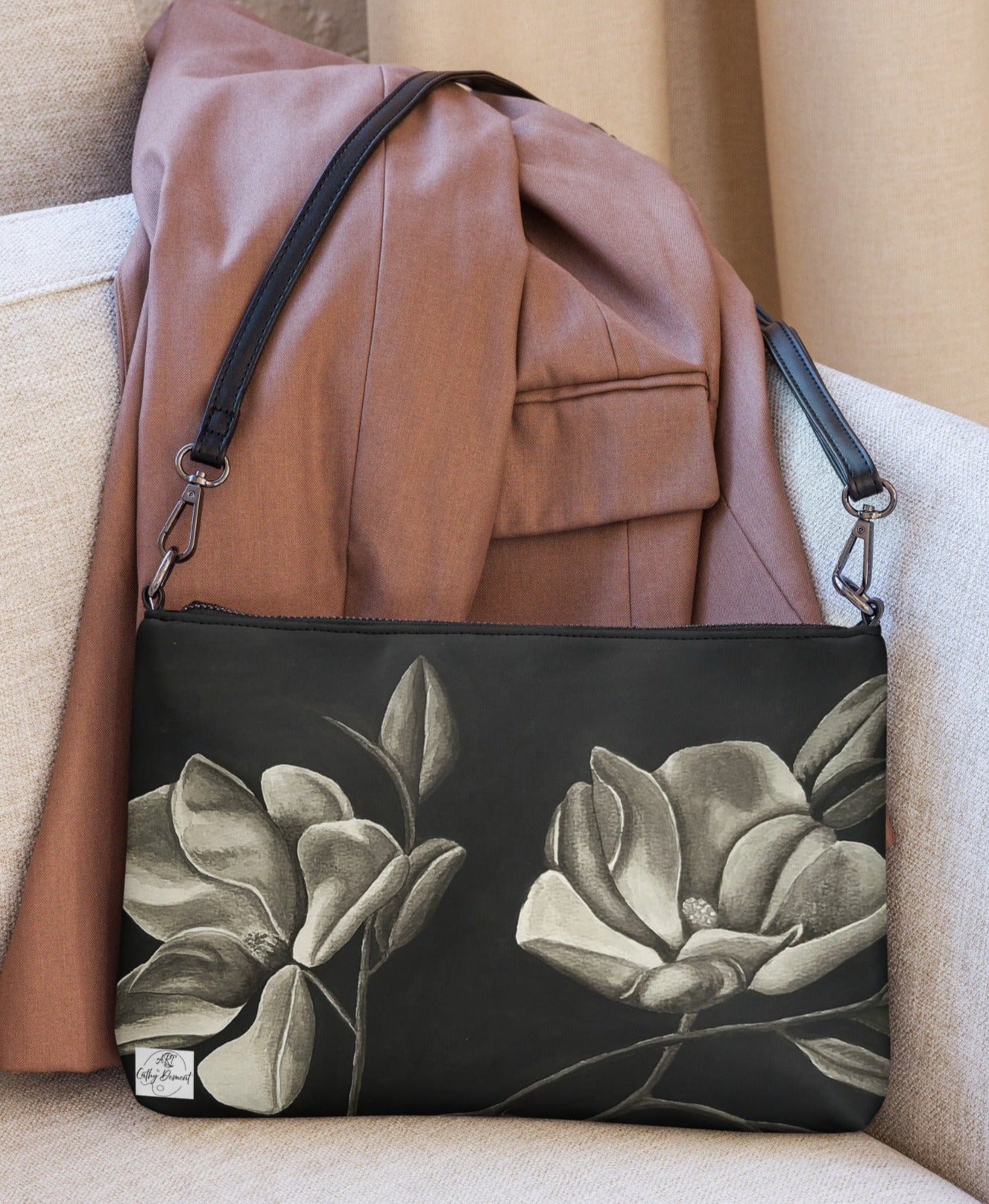 Midnight Magnolias Crossbody Bag - Original Watercolor Artwork by Cathy Dement, Faux Leather, Interchangeable Wrist Strap