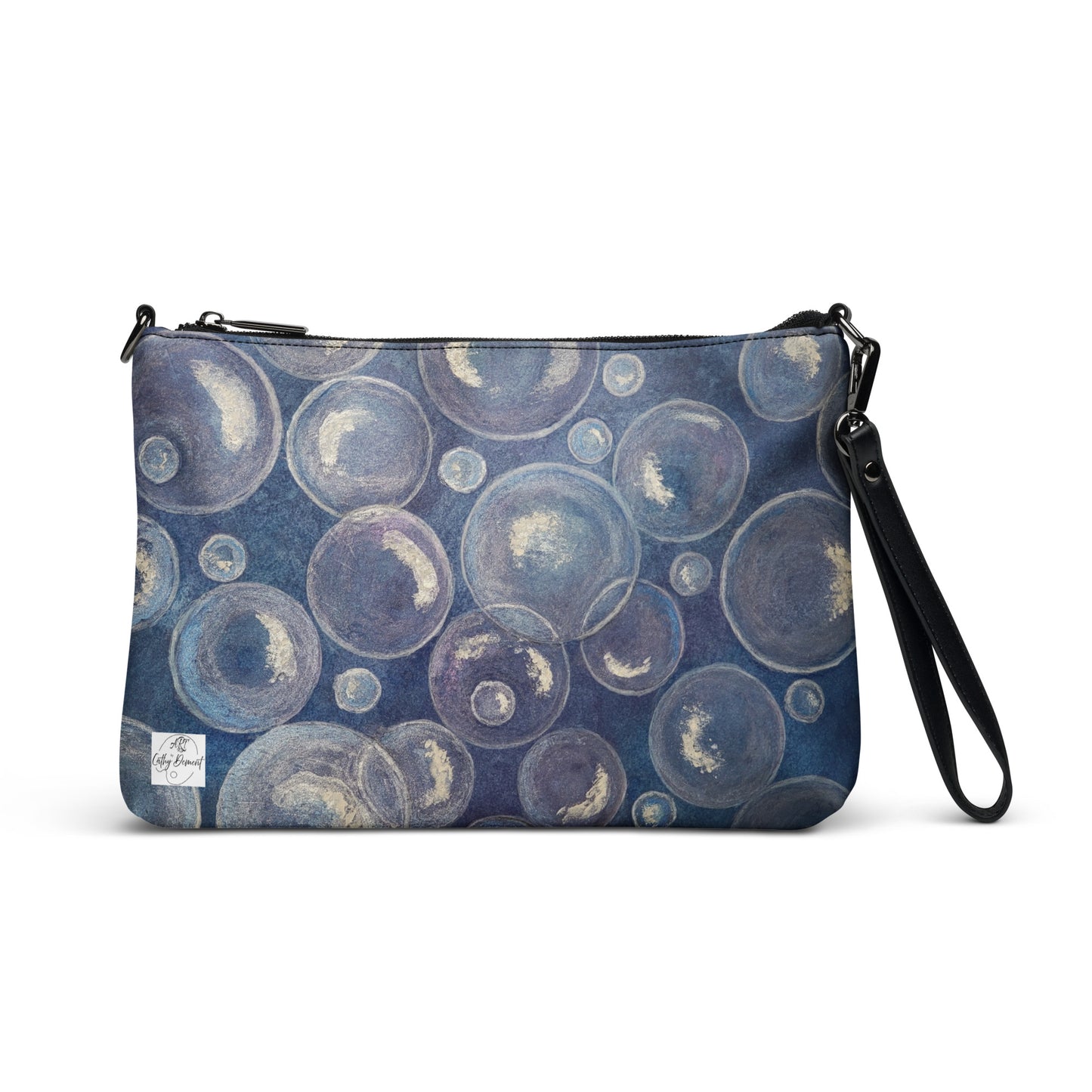 Tranquil Reflections Crossbody Bag - Blue and White Bubble Artwork by Cathy Dement