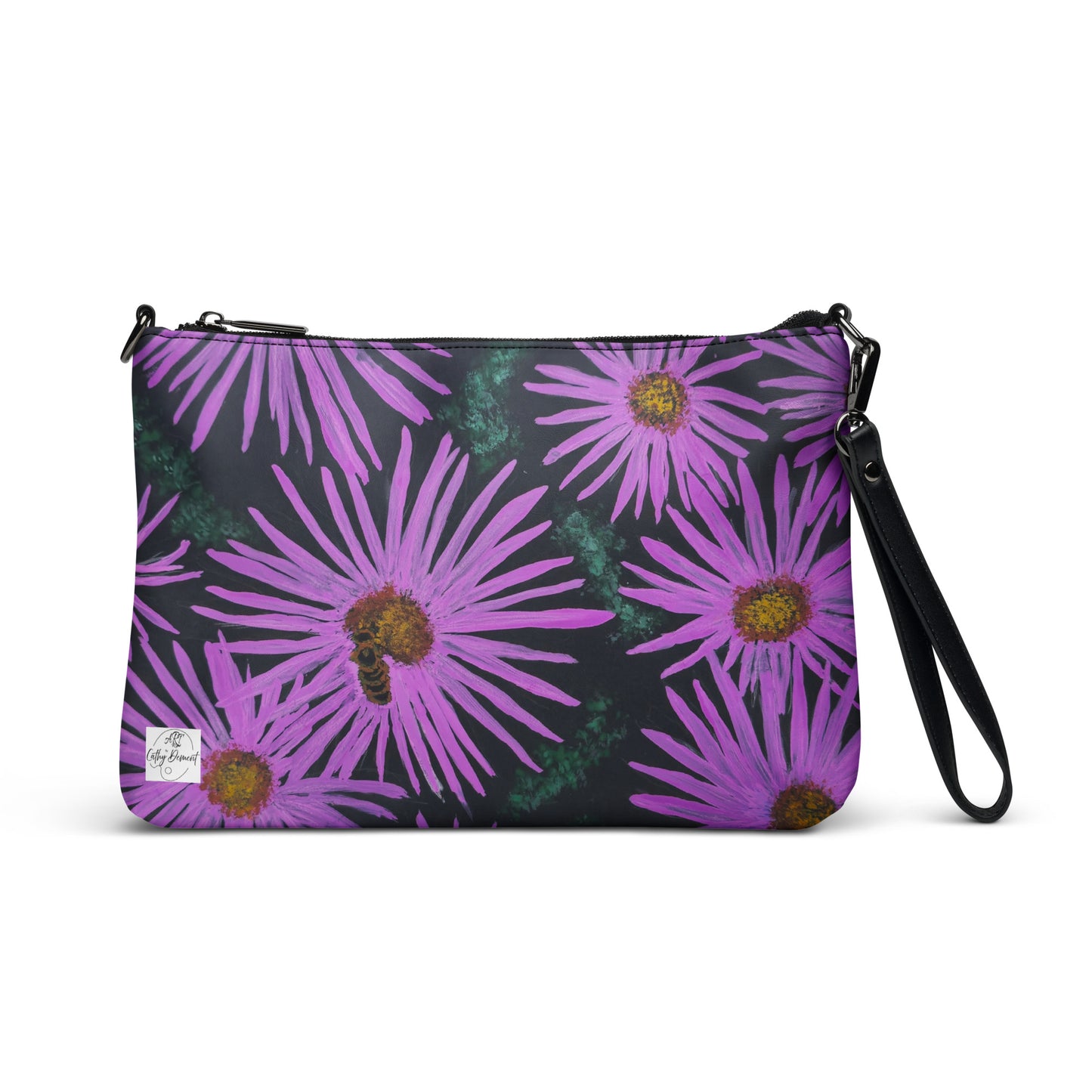 Purple Flowers with Bee Crossbody Bag - Floral Artwork Design by Cathy Dement, Faux Leather