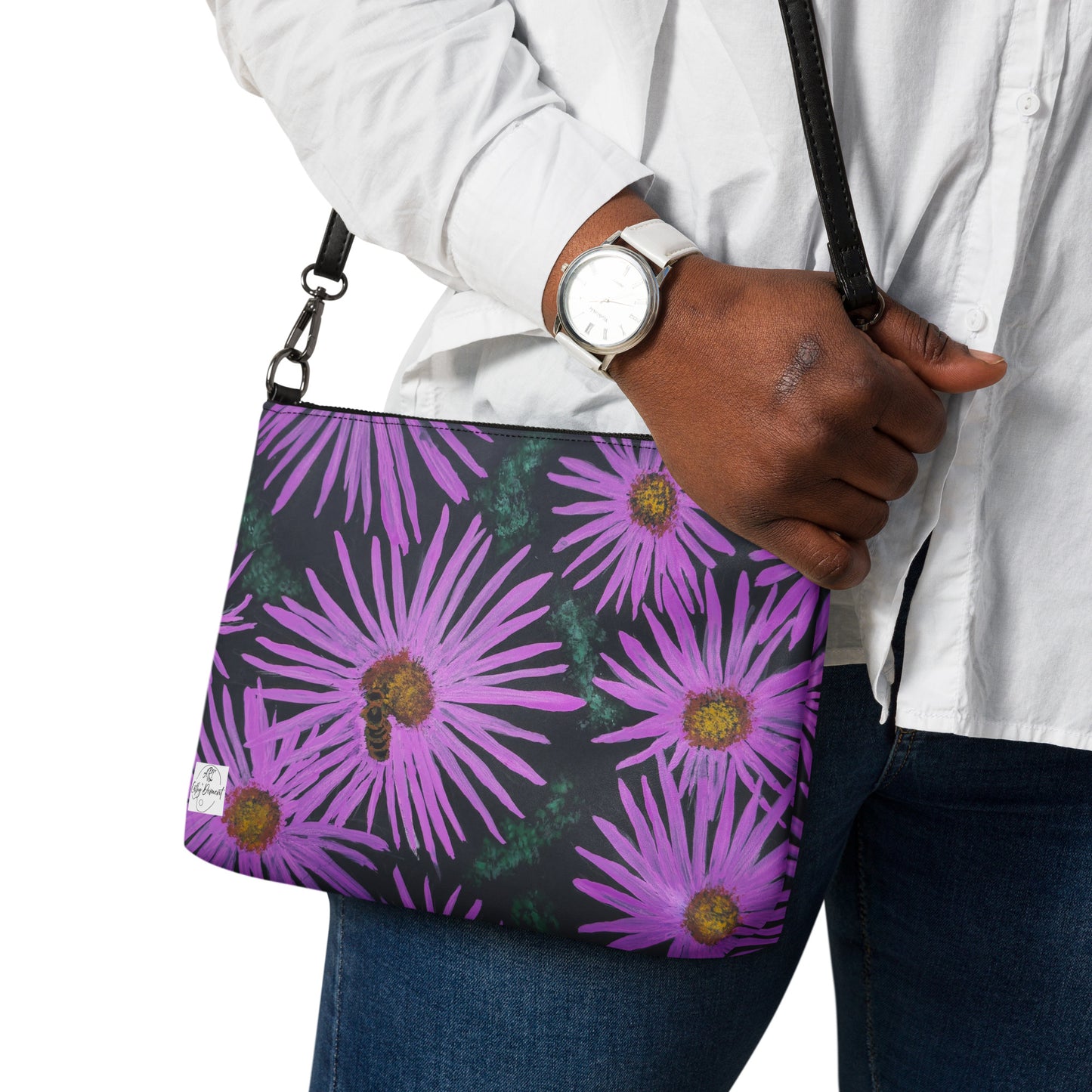 Crossbody Bag - Purple Aster Flowers with Bee, Floral Artwork Design by Cathy Dement, Faux Leather, Interchangeable Wrist Strap