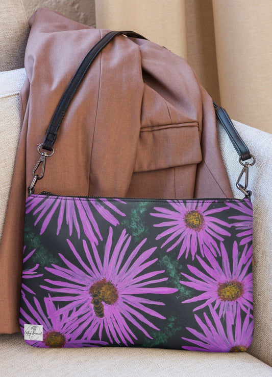 Purple Flowers with Bee Crossbody Bag - Floral Artwork Design by Cathy Dement, Faux Leather, Interchangeable Wrist Strap