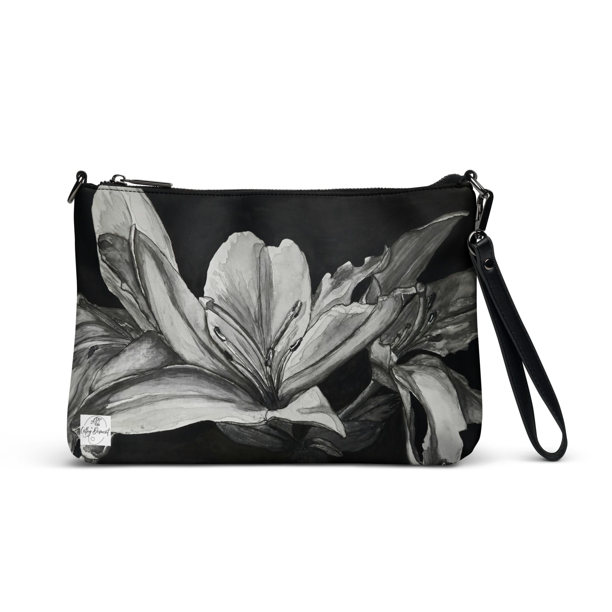 Floral Elegance Crossbody Bag - Monochrome Lily Artwork by Cathy Dement, Faux Leather