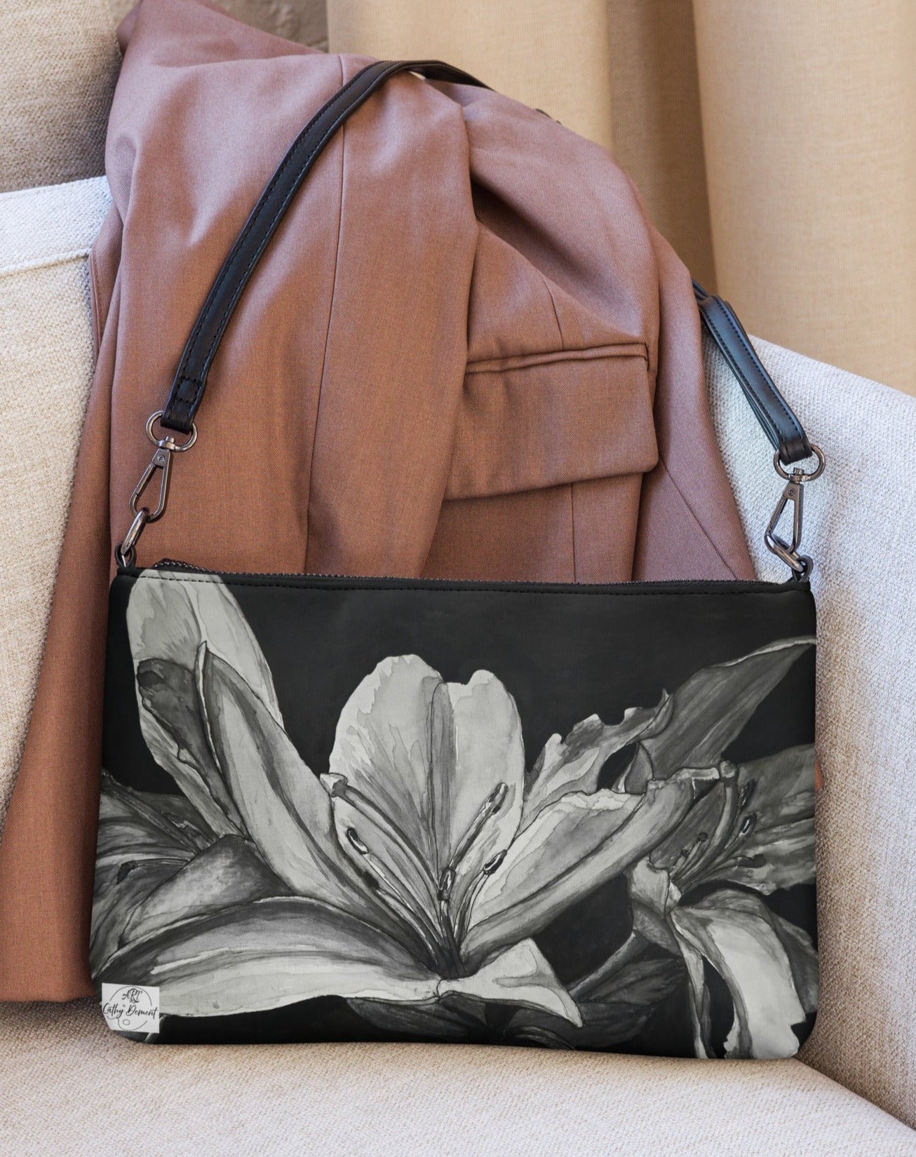 Floral Elegance Crossbody Bag - Monochrome Lily Artwork by Cathy Dement, Faux Leather, Interchangeable Wrist Strap