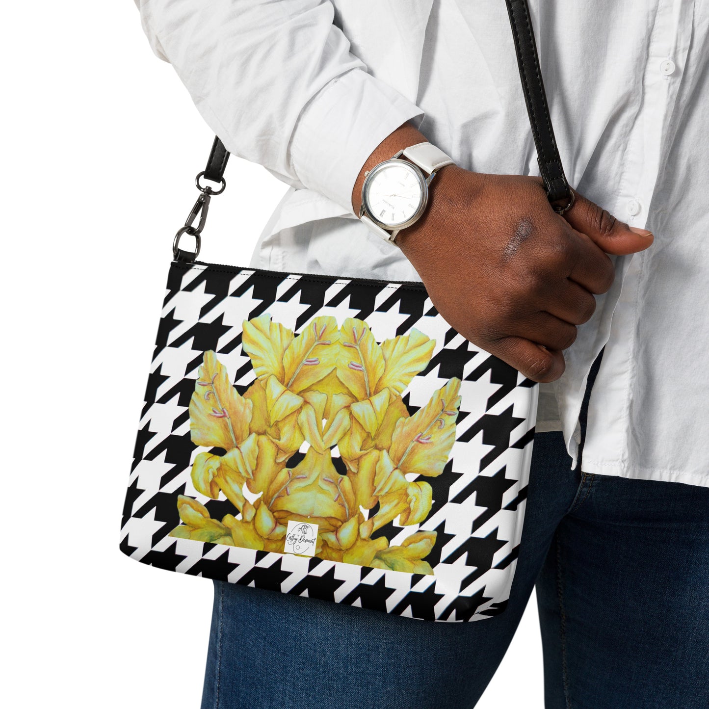 Crossbody Bag - Sunny Blooms, Houndstooth Pattern Yellow Gladiola Artwork Design by Cathy Dement, Faux Leather, Interchangeable Wrist Strap