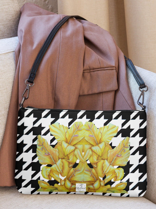 Houndstooth Pattern Crossbody Bag - Yellow Gladiola Artwork Design by Cathy Dement, Faux Leather, Interchangeable Wrist Strap