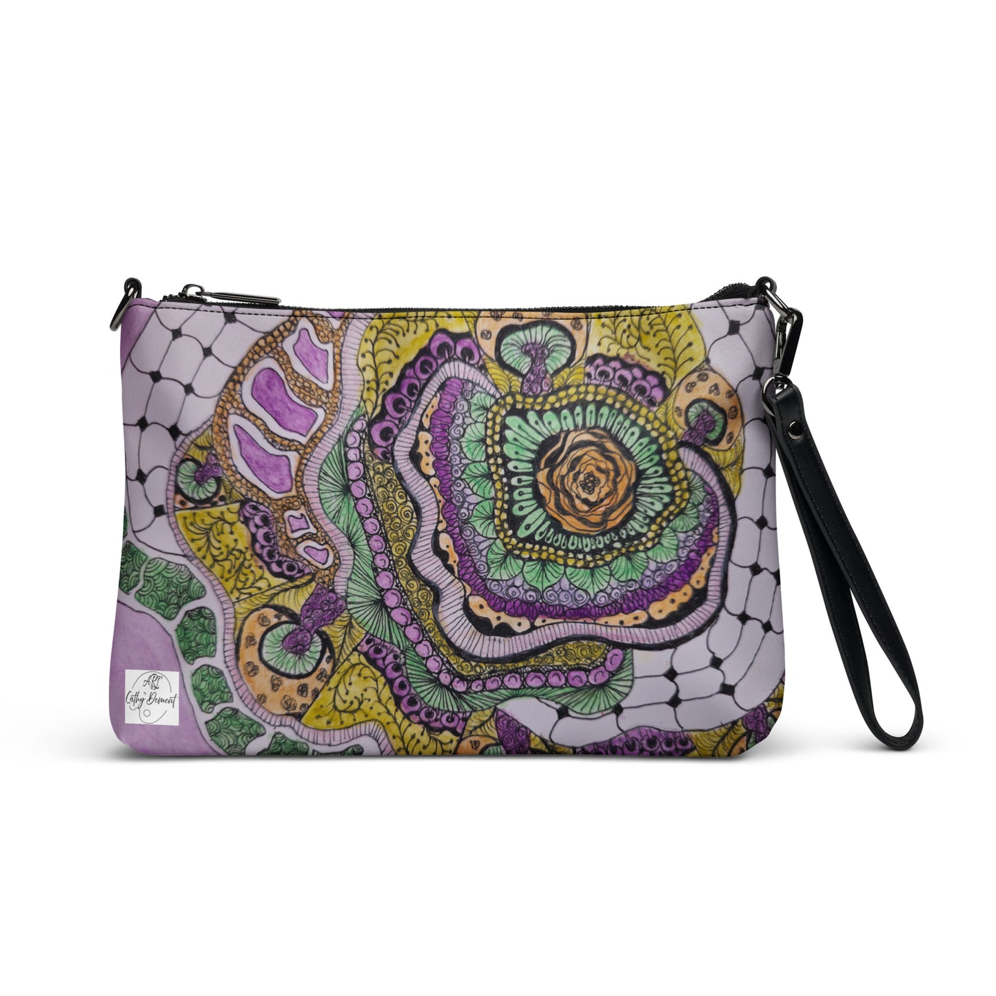 Zen Floral Bliss Crossbody Bag - Zentangle Design Floral Art by Cathy Dement, Faux Leather