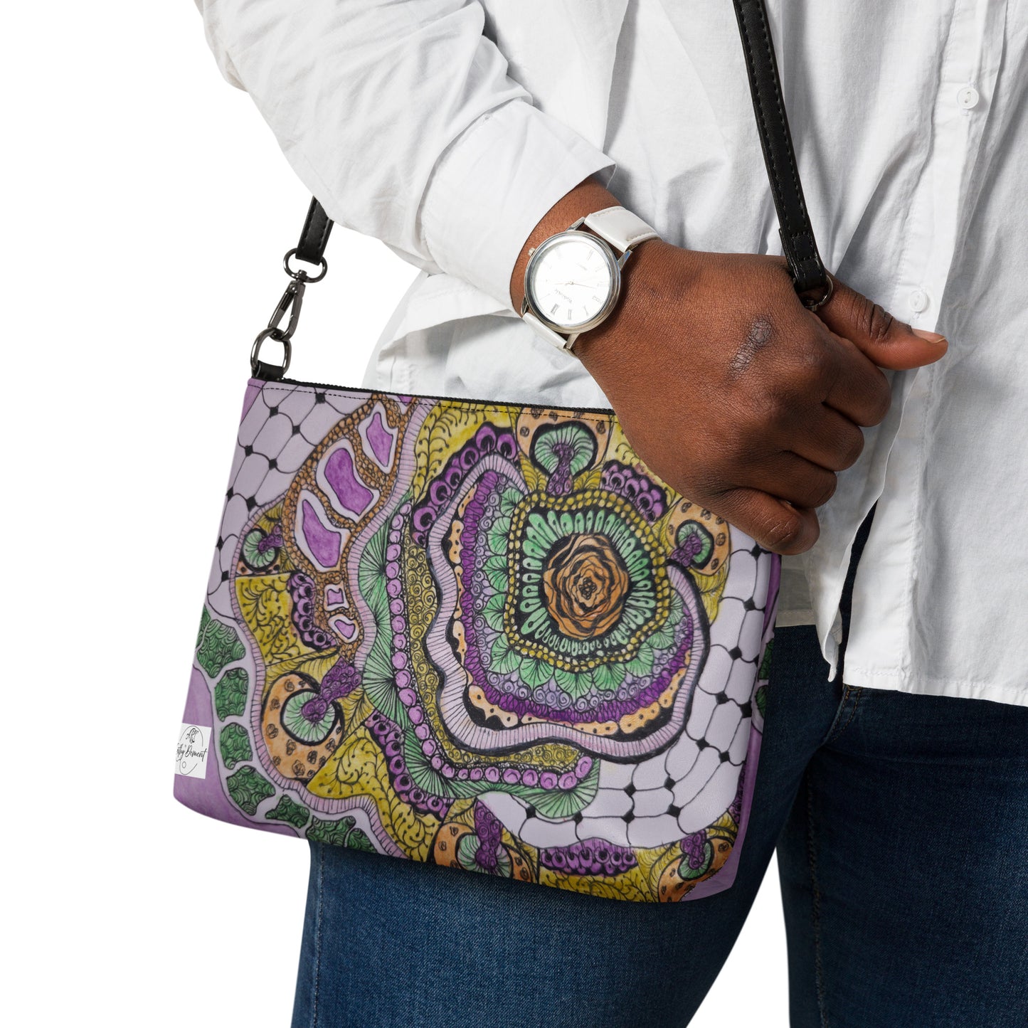 Crossbody Bag - Zen Floral Bliss, Zentangle Design Floral Art by Cathy Dement, Faux Leather, Interchangeable Wrist Strap