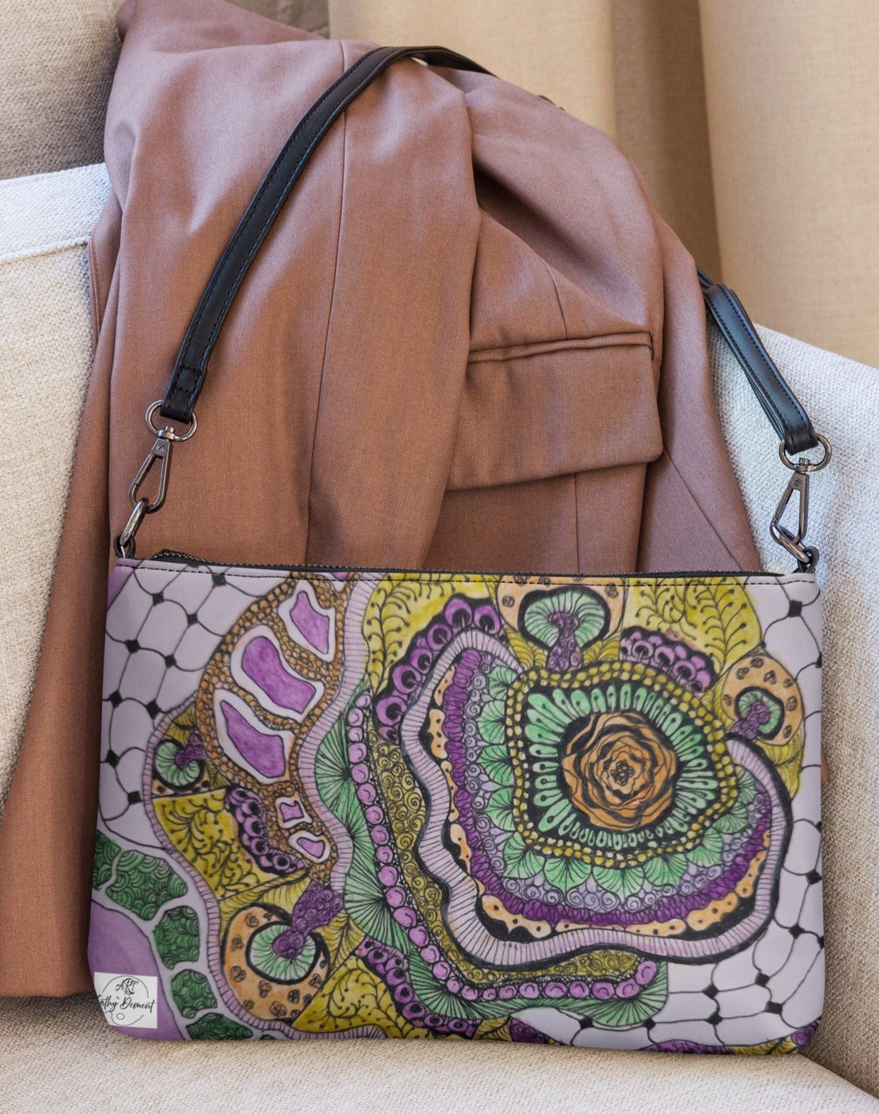 Crossbody Bag - Zen Floral Bliss, Zentangle Design Floral Art by Cathy Dement, Faux Leather, Interchangeable Wrist Strap