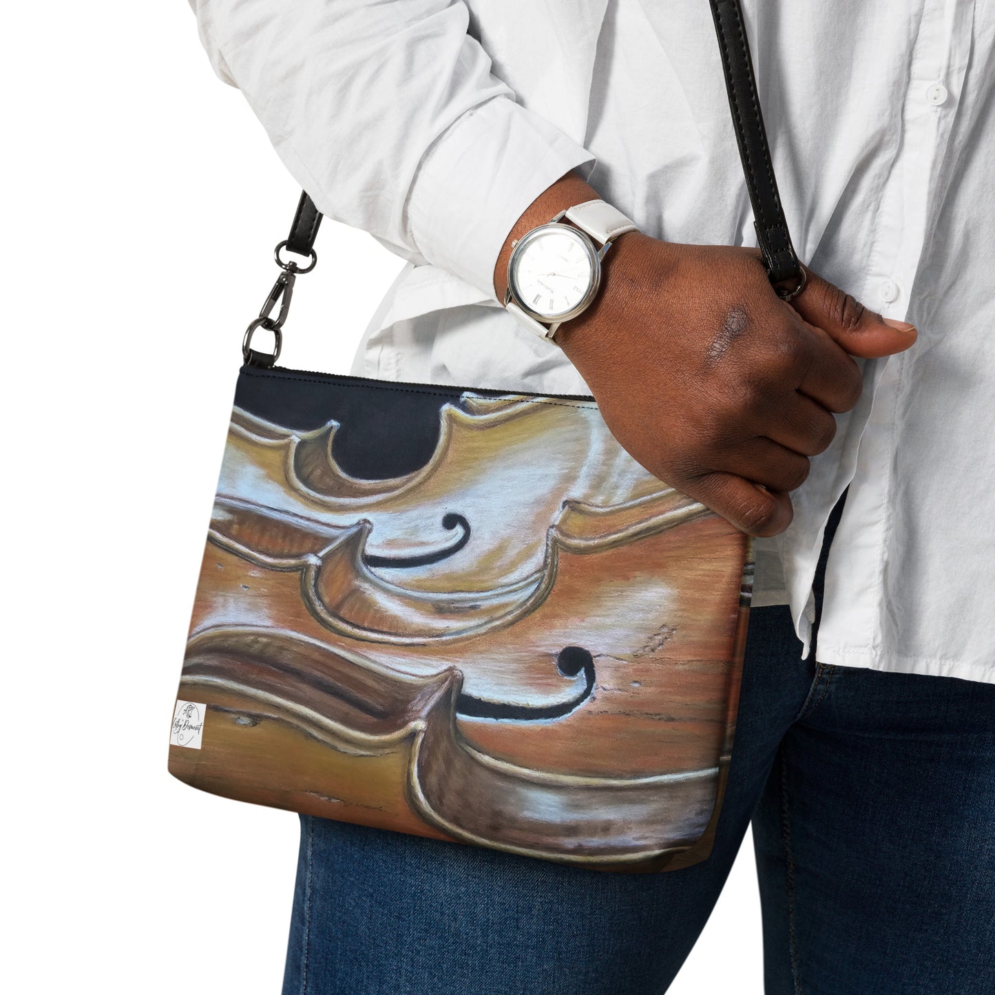 Crossbody Bag - Harmonious Melodies, Cello Trio Musical Instrument Artwork by Cathy Dement, Faux Leather, Interchangeable Wrist Strap