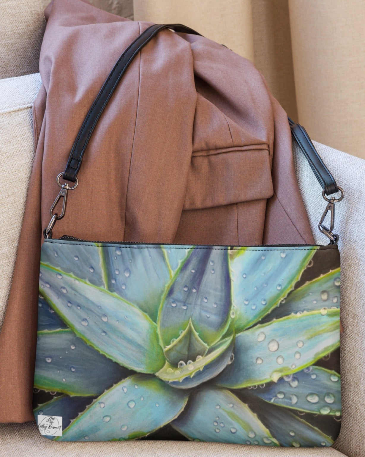 Dessert Jewel Crossbody Bag - Vibrant Agave Plant with Dew Drops, Artwork by Cathy Dement, Interchangeable Wrist Strap