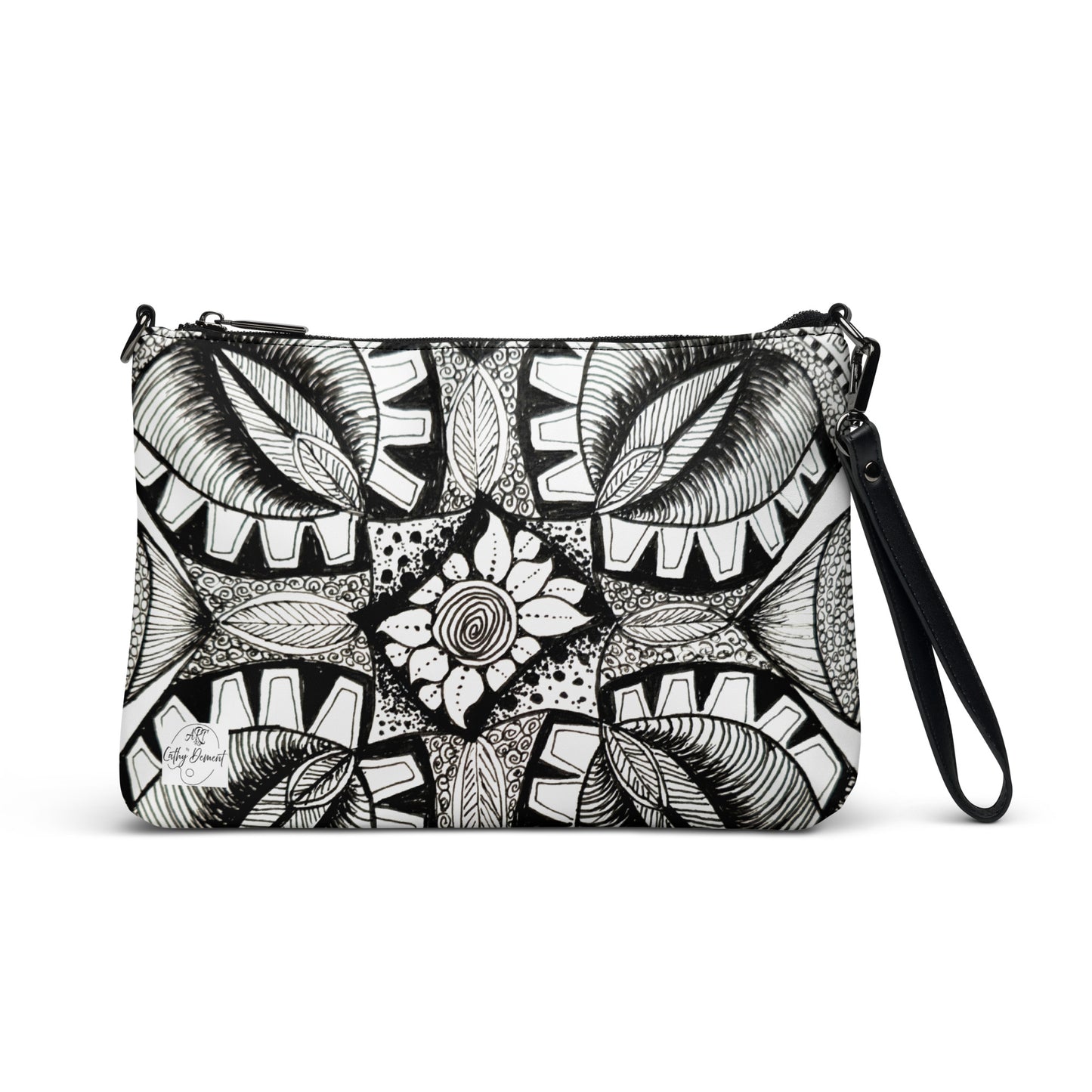 Crossbody Bag, Artwork Purse -  Zen-dala, Monochrome Floral Zentangle Art by Cathy Dement, Faux Leather, Interchangeable Wrist Strap