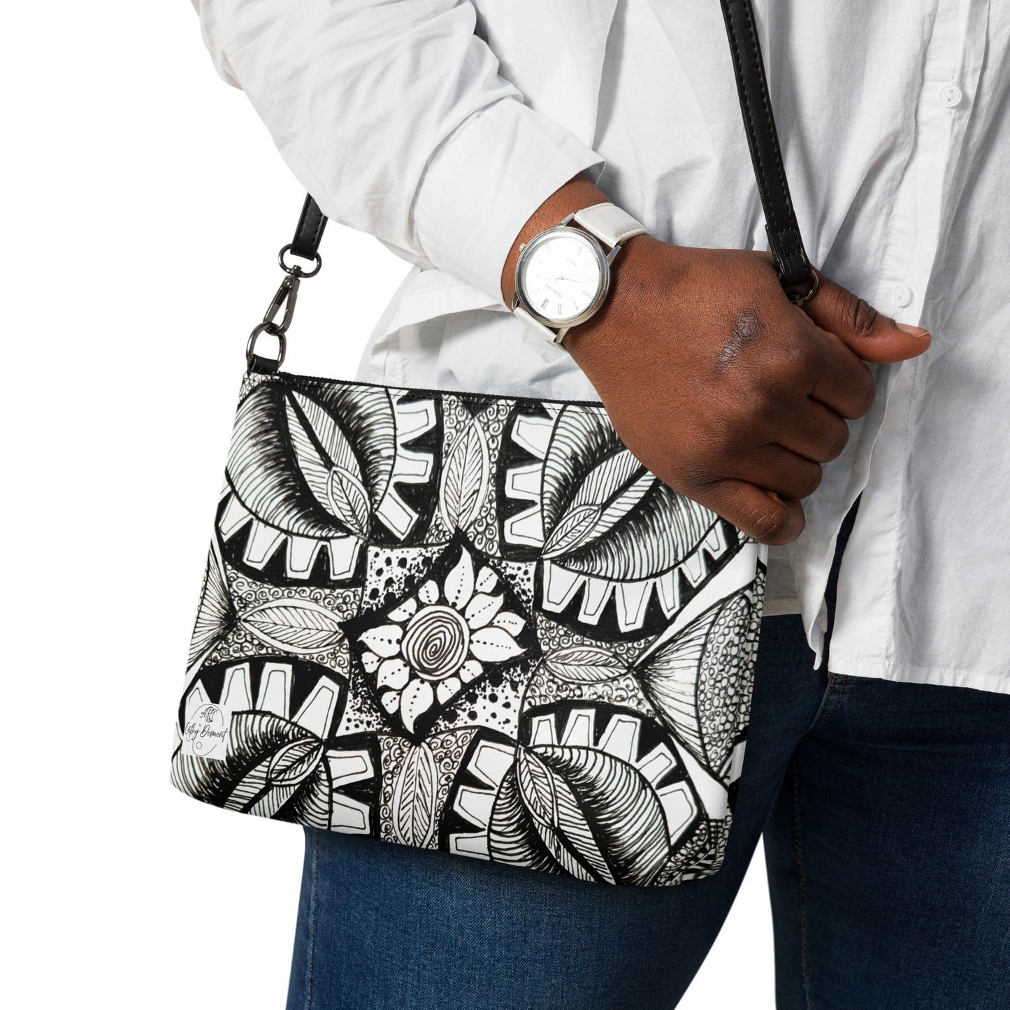 Crossbody Bag, Artwork Purse -  Zen-dala, Monochrome Floral Zentangle Art by Cathy Dement, Faux Leather, Interchangeable Wrist Strap