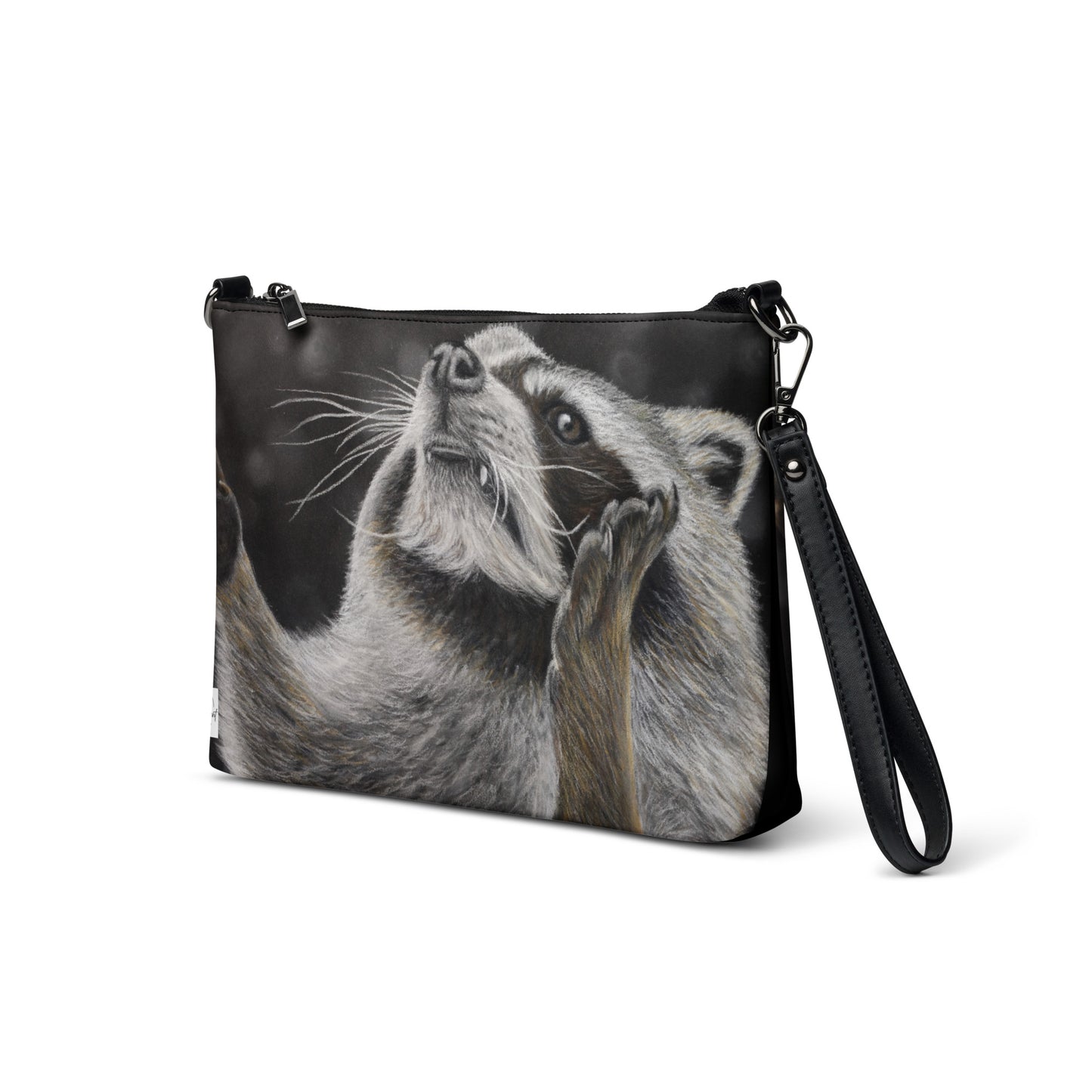 Crossbody Bag - Catching Snowflakes, Whimsical Raccoon Artwork by Cathy Dement Faux Leather, Interchangeable Wrist Strap