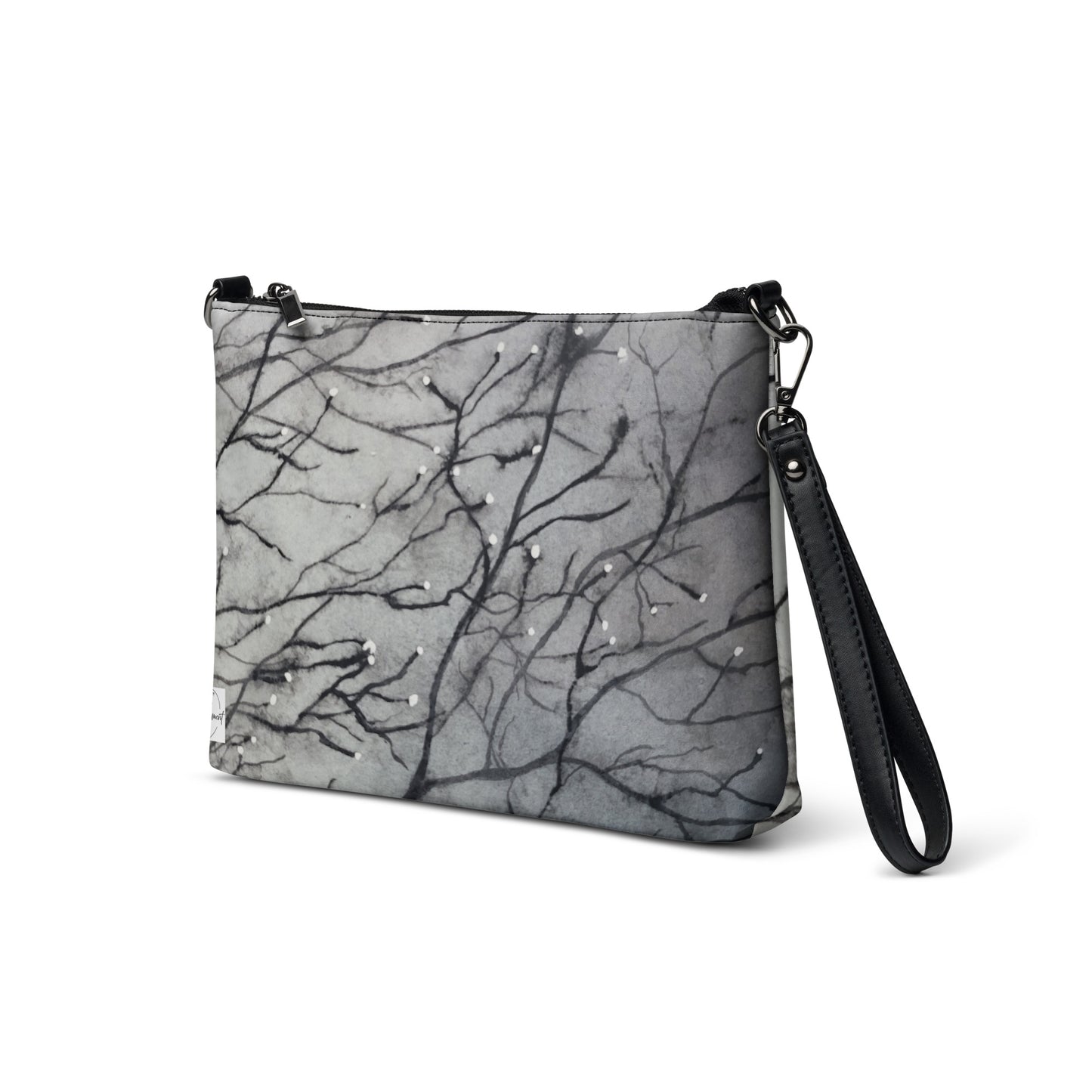 Crossbody Bag - Tranquil Dawn Misty Morning, Serene Tree Branches with Dew Drops Design by Cathy Dement, Interchangeable Wrist Strap