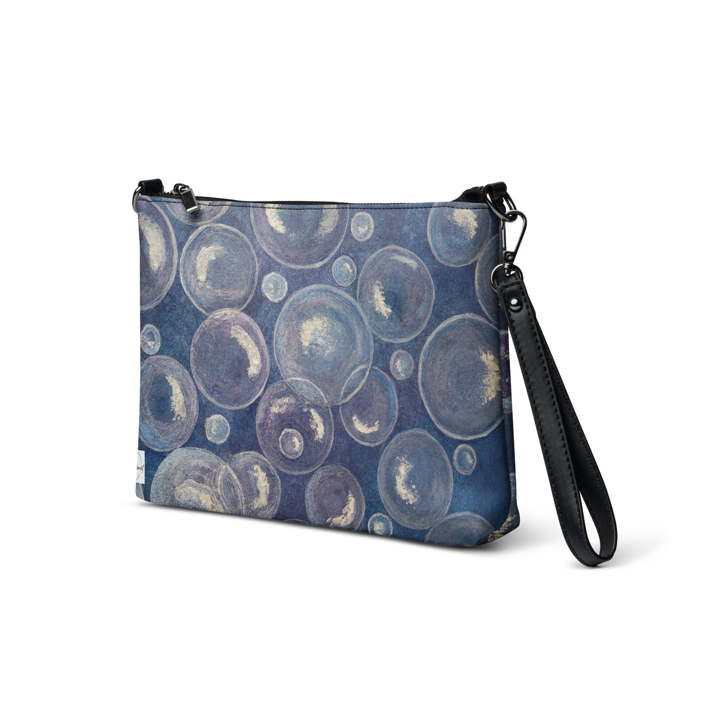 Crossbody Bag - Tranquil Reflections, Blue and White Bubble Artwork by Cathy Dement, Interchangeable Wrist Strap