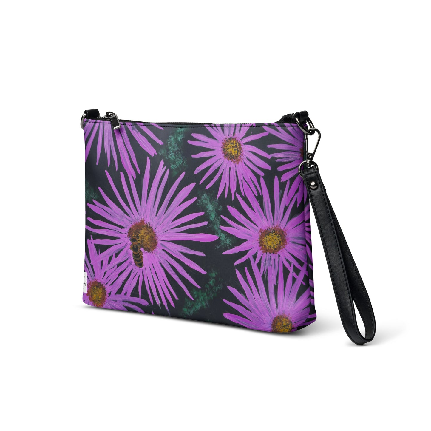 Crossbody Bag - Purple Aster Flowers with Bee, Floral Artwork Design by Cathy Dement, Faux Leather, Interchangeable Wrist Strap