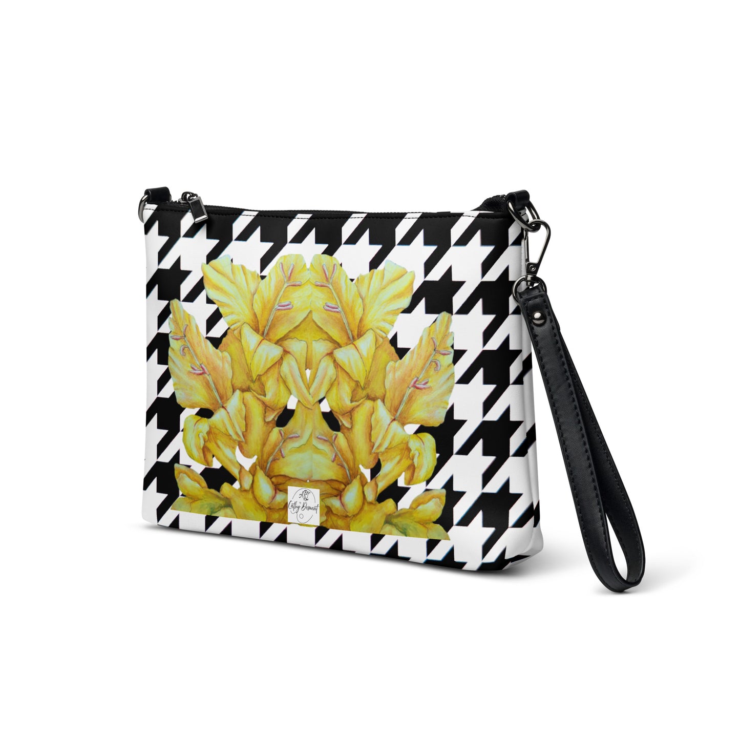 Crossbody Bag - Sunny Blooms, Houndstooth Pattern Yellow Gladiola Artwork Design by Cathy Dement, Faux Leather, Interchangeable Wrist Strap