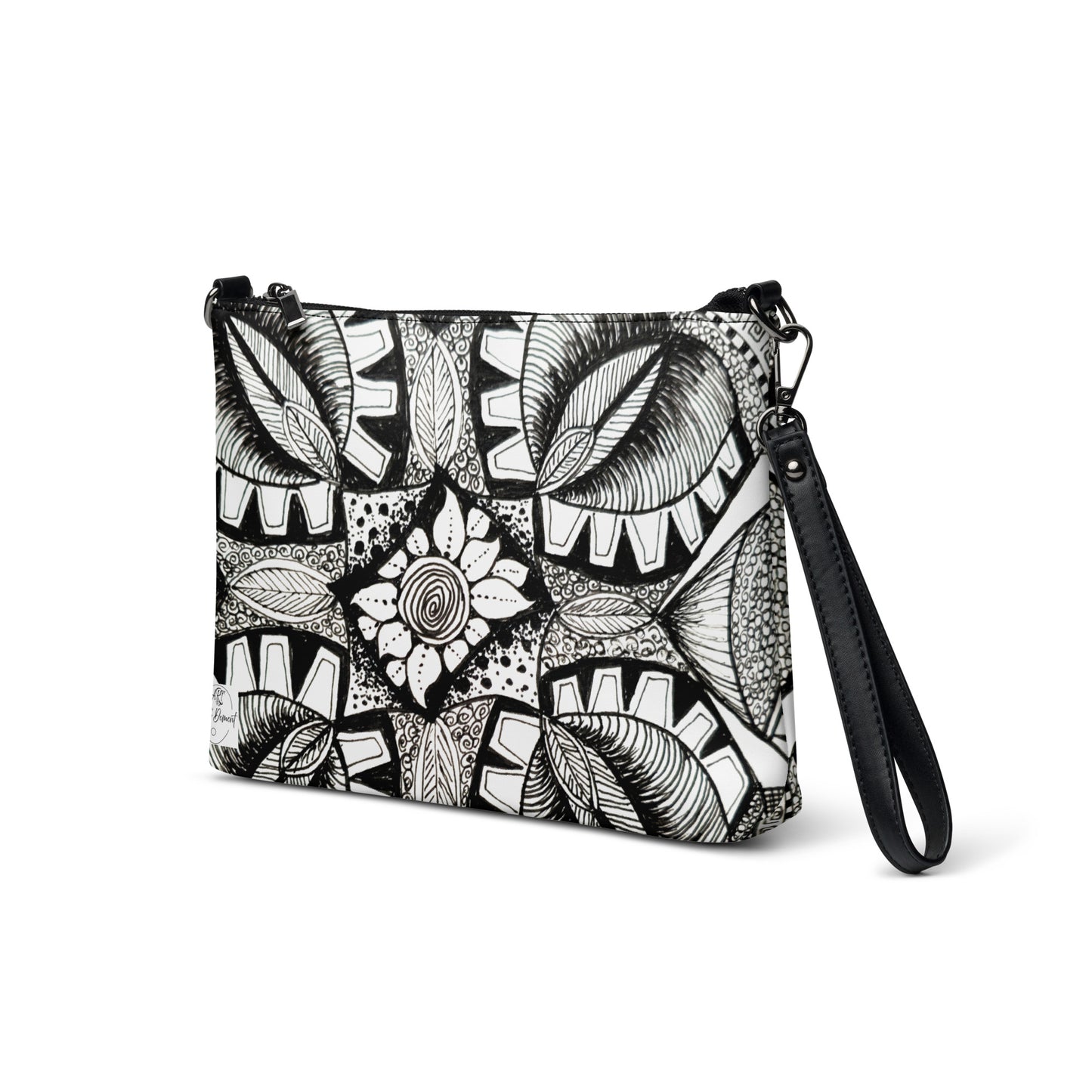 Crossbody Bag, Artwork Purse -  Zen-dala, Monochrome Floral Zentangle Art by Cathy Dement, Faux Leather, Interchangeable Wrist Strap