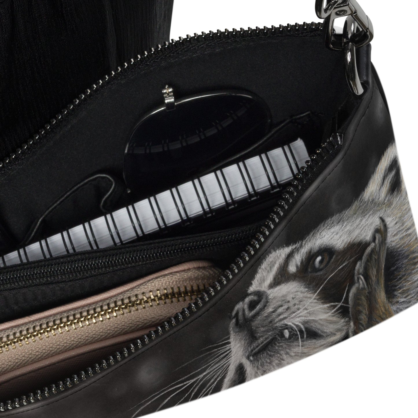 Crossbody Bag - Catching Snowflakes, Whimsical Raccoon Artwork by Cathy Dement Faux Leather, Interchangeable Wrist Strap