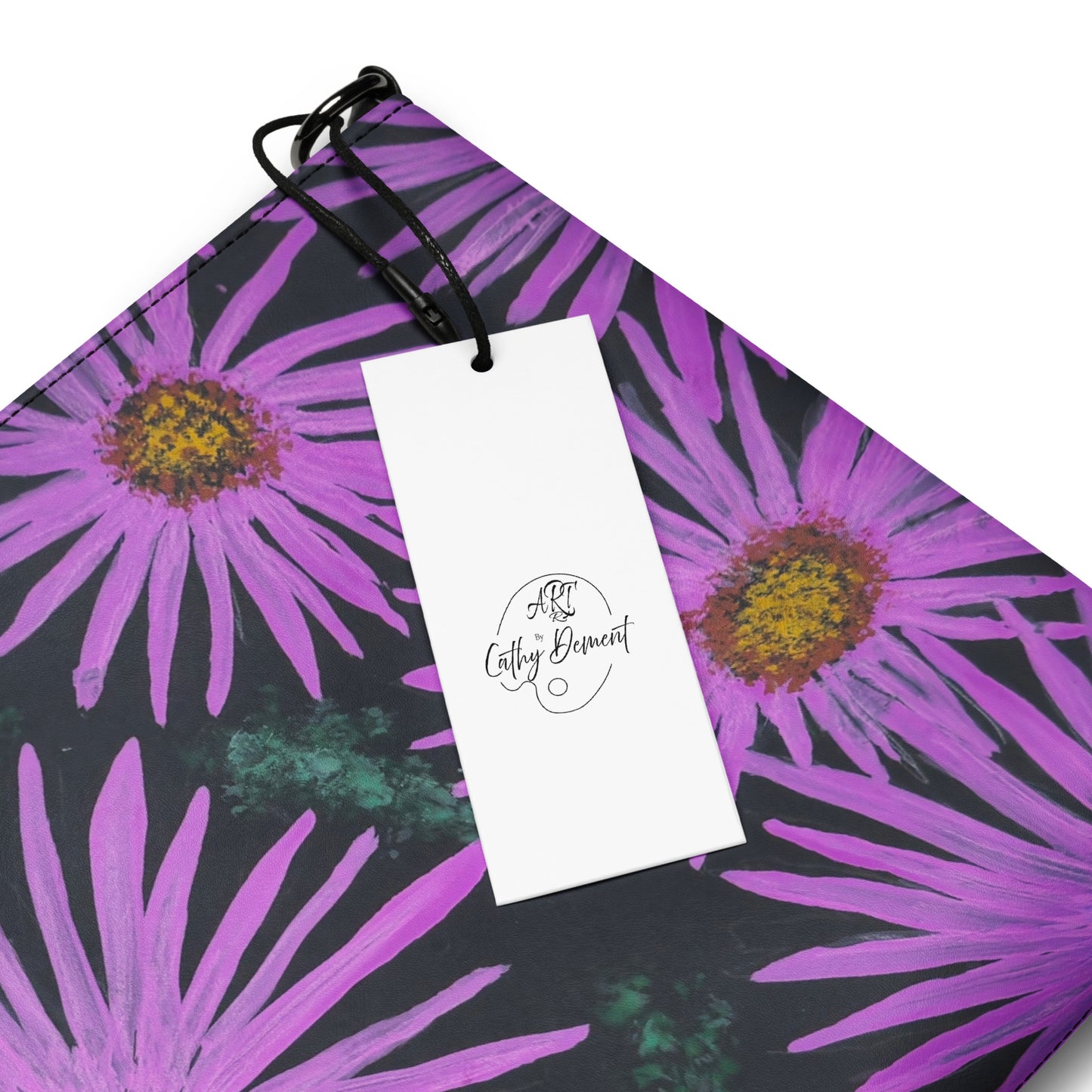 Crossbody Bag - Purple Aster Flowers with Bee, Floral Artwork Design by Cathy Dement, Faux Leather, Interchangeable Wrist Strap