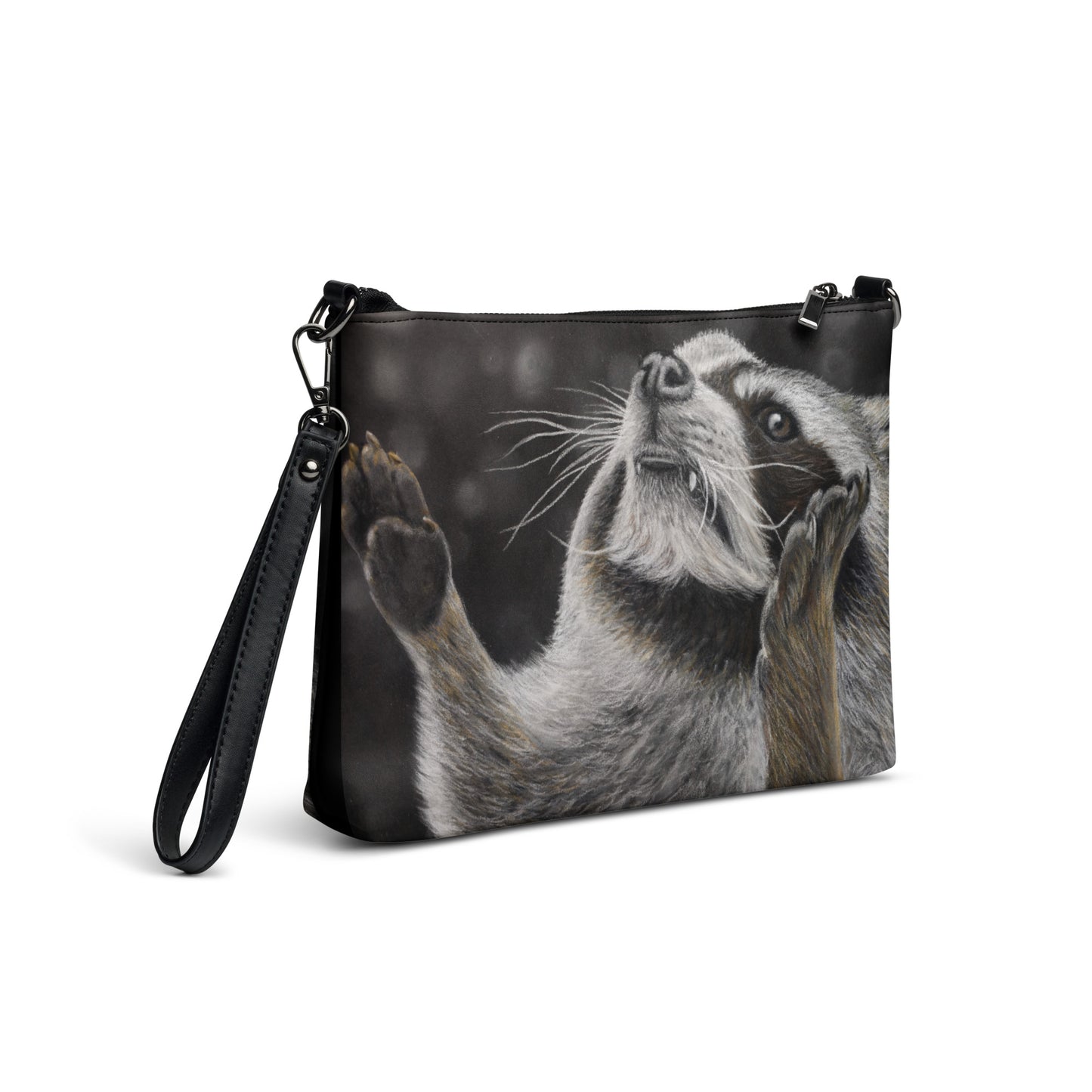 Crossbody Bag - Catching Snowflakes, Whimsical Raccoon Artwork by Cathy Dement Faux Leather, Interchangeable Wrist Strap