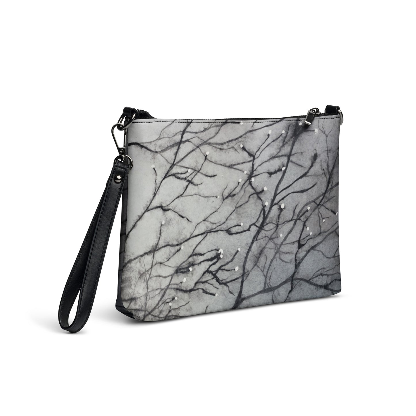 Crossbody Bag - Tranquil Dawn Misty Morning, Serene Tree Branches with Dew Drops Design by Cathy Dement, Interchangeable Wrist Strap