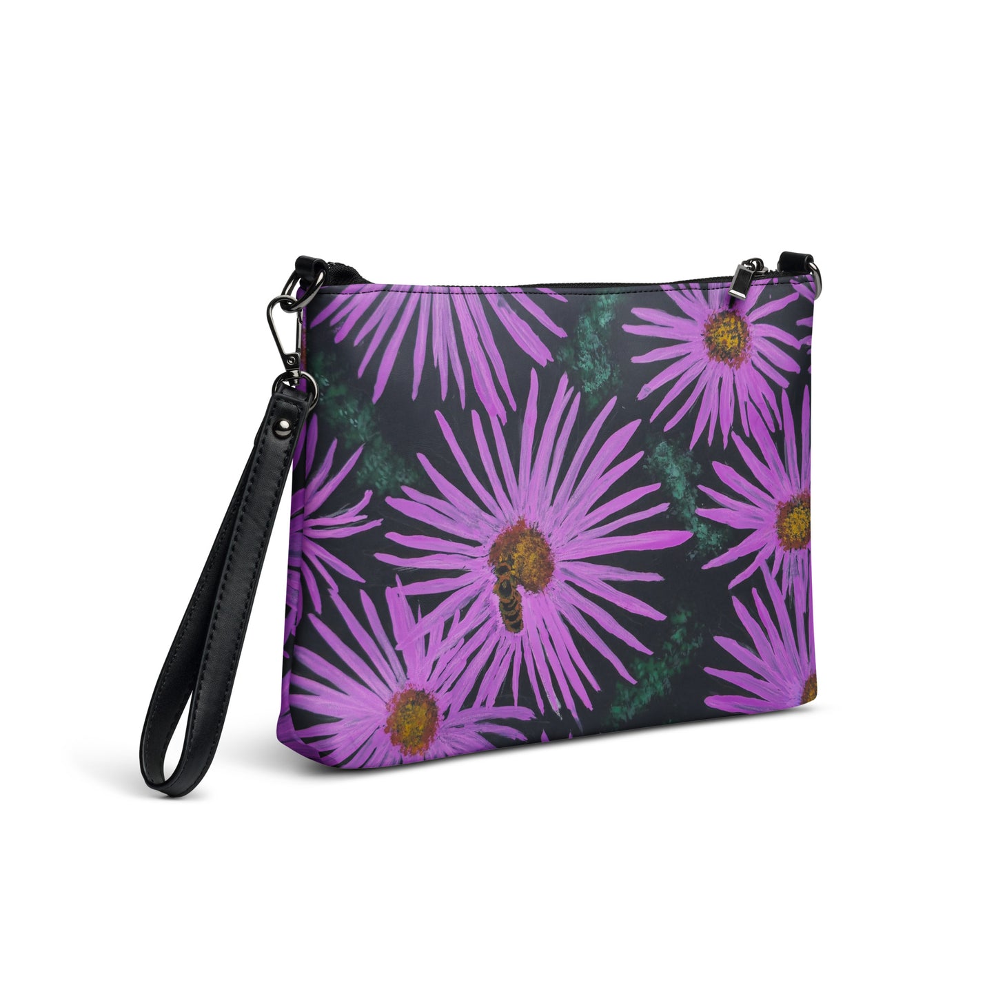 Crossbody Bag - Purple Aster Flowers with Bee, Floral Artwork Design by Cathy Dement, Faux Leather, Interchangeable Wrist Strap