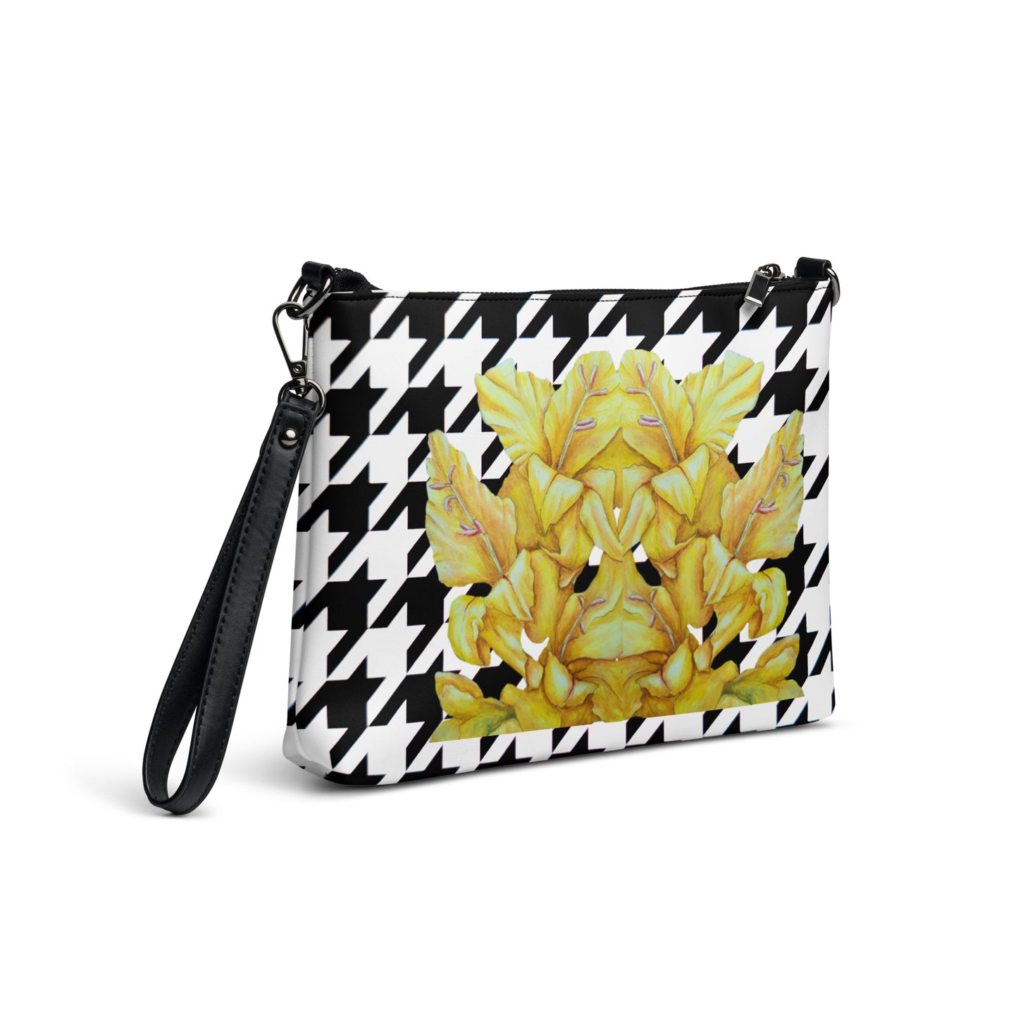 Crossbody Bag - Sunny Blooms, Houndstooth Pattern Yellow Gladiola Artwork Design by Cathy Dement, Faux Leather, Interchangeable Wrist Strap