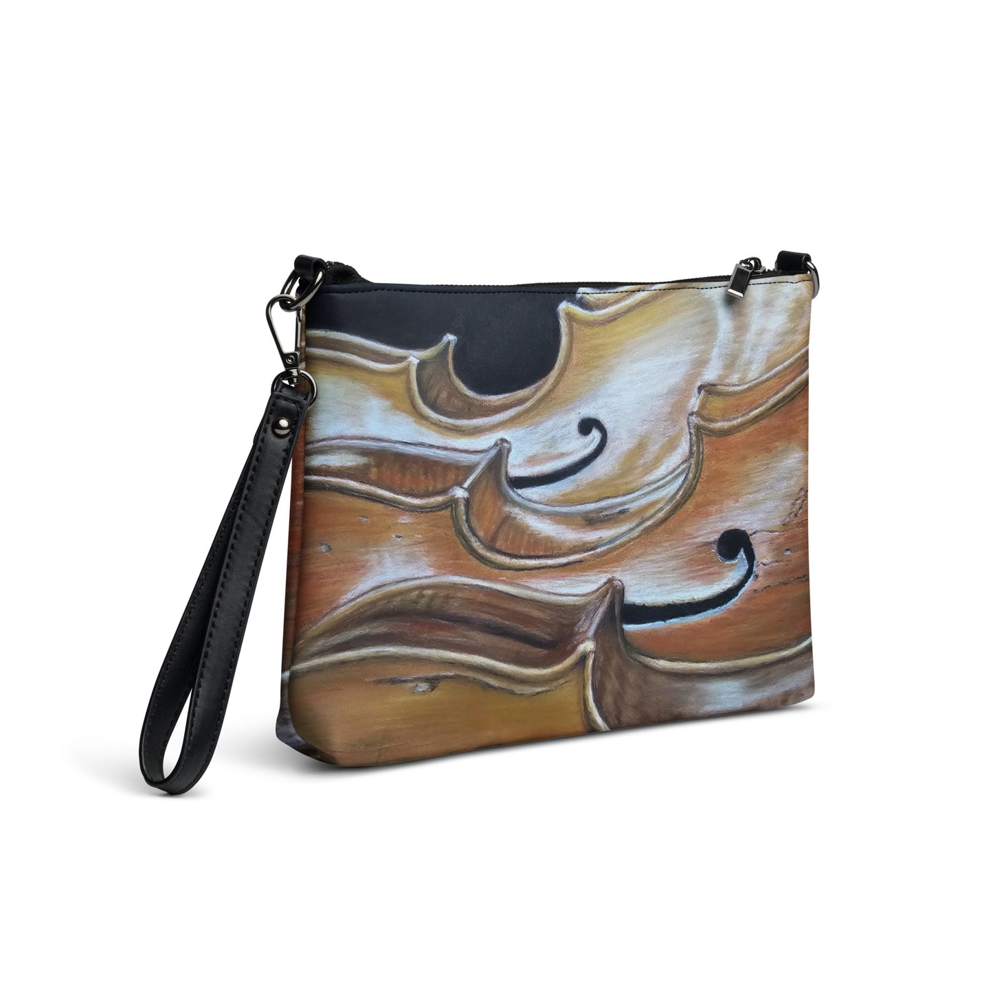 Crossbody Bag - Harmonious Melodies, Cello Trio Musical Instrument Artwork by Cathy Dement, Faux Leather, Interchangeable Wrist Strap