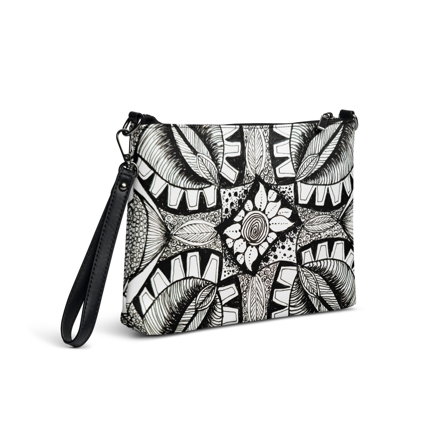 Crossbody Bag, Artwork Purse -  Zen-dala, Monochrome Floral Zentangle Art by Cathy Dement, Faux Leather, Interchangeable Wrist Strap