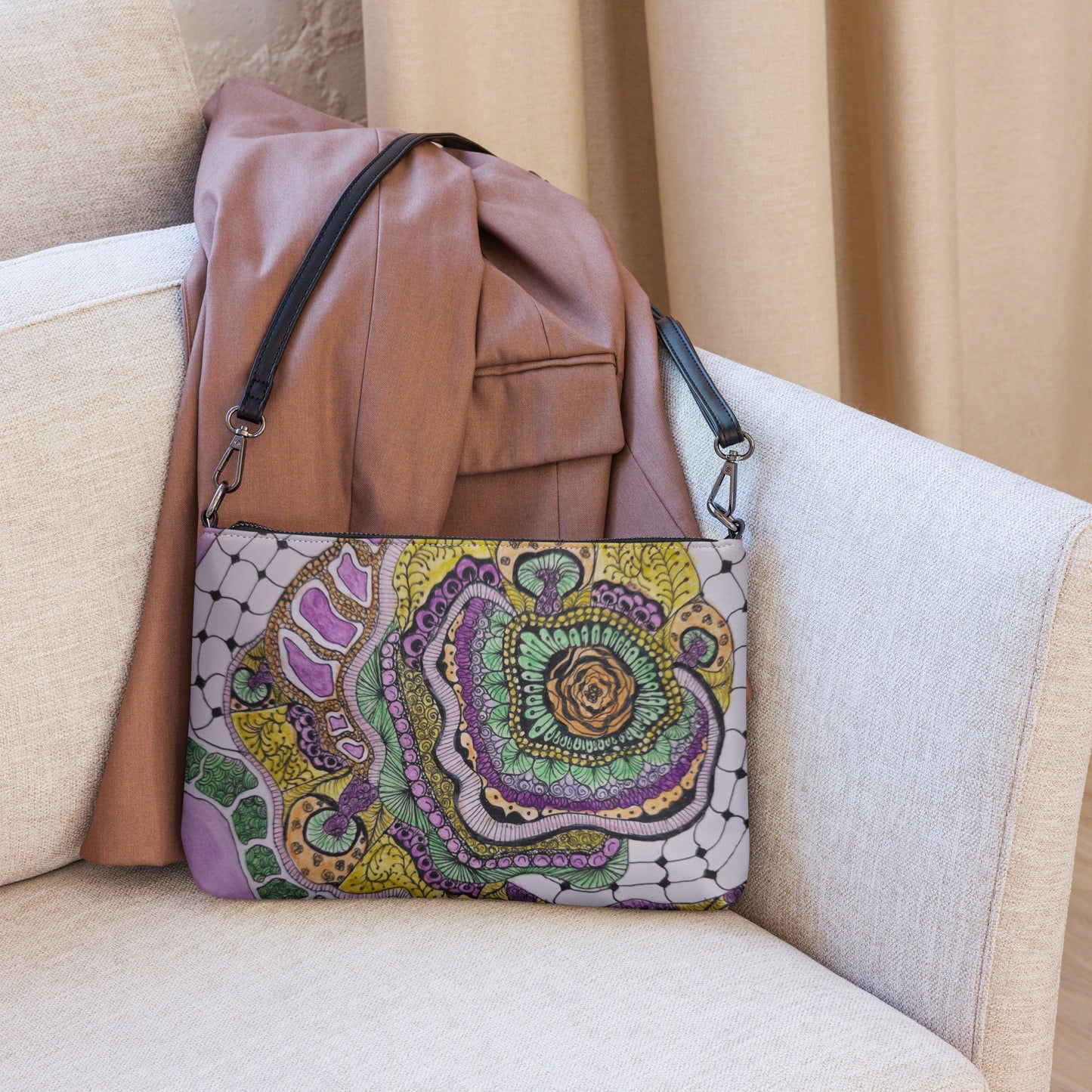 Crossbody Bag - Zen Floral Bliss, Zentangle Design Floral Art by Cathy Dement, Faux Leather, Interchangeable Wrist Strap