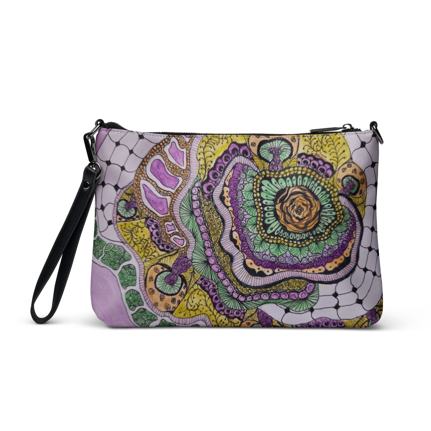 Crossbody Bag - Zen Floral Bliss, Zentangle Design Floral Art by Cathy Dement, Faux Leather, Interchangeable Wrist Strap