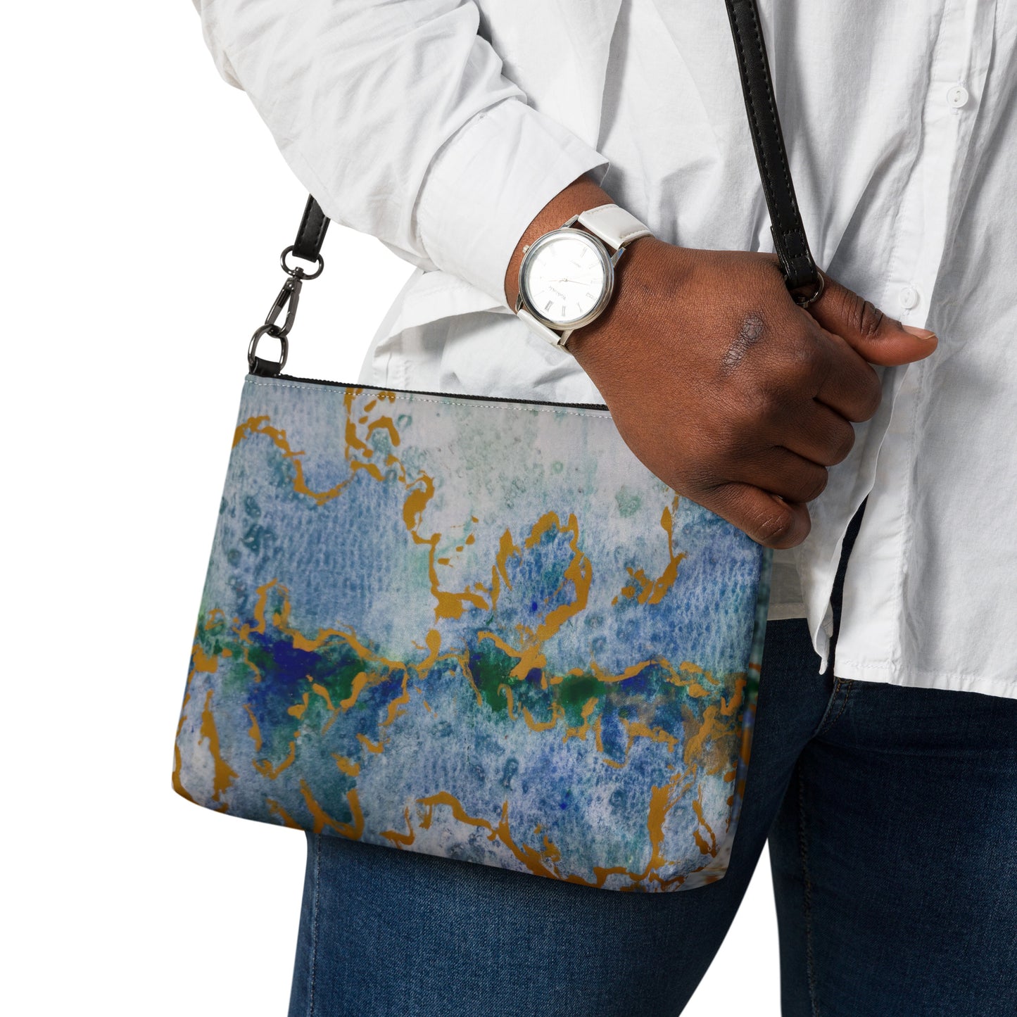 Crossbody Bag - Celestial Dreamscape, Abstract Watercolor in Blue, Green, and Gold by Cathy Dement, Faux Leather, Interchangeable Wrist Strap