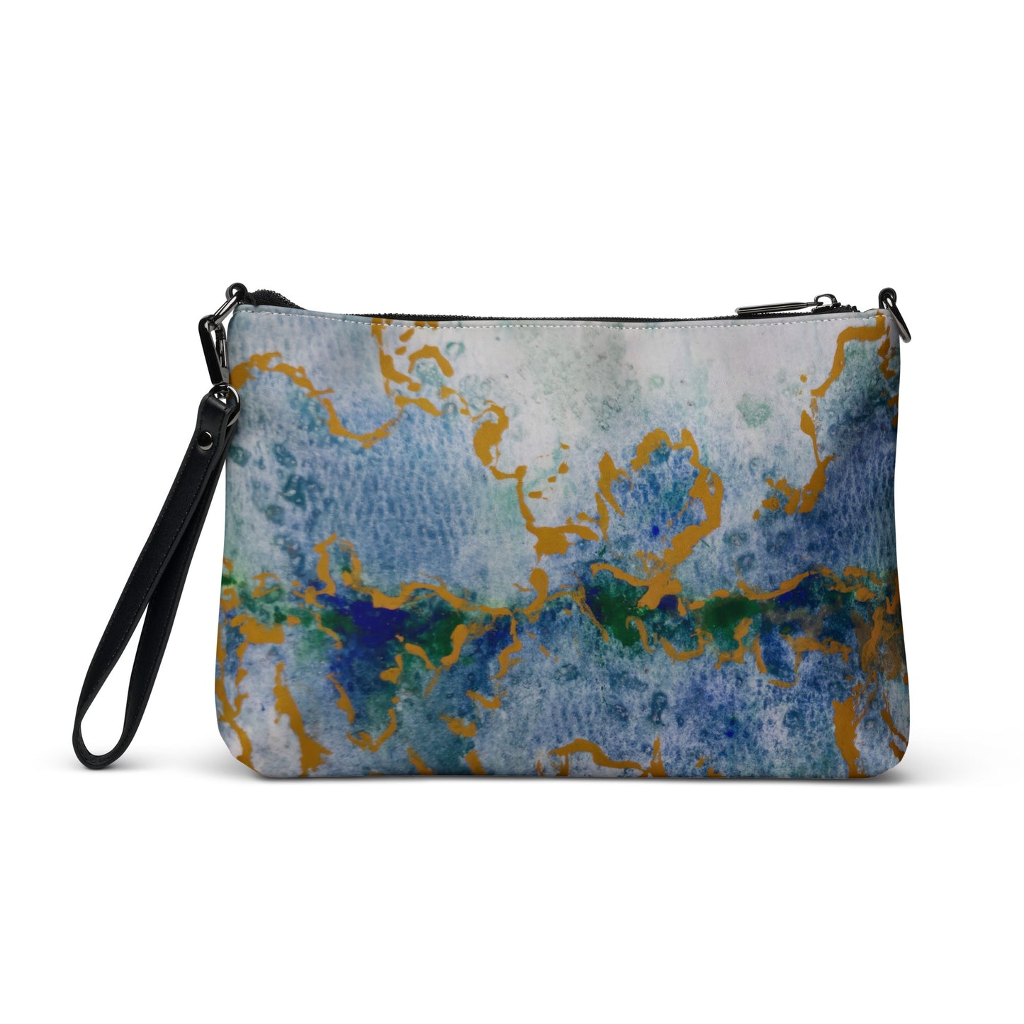 Crossbody Bag - Celestial Dreamscape, Abstract Watercolor in Blue, Green, and Gold by Cathy Dement, Faux Leather, Interchangeable Wrist Strap