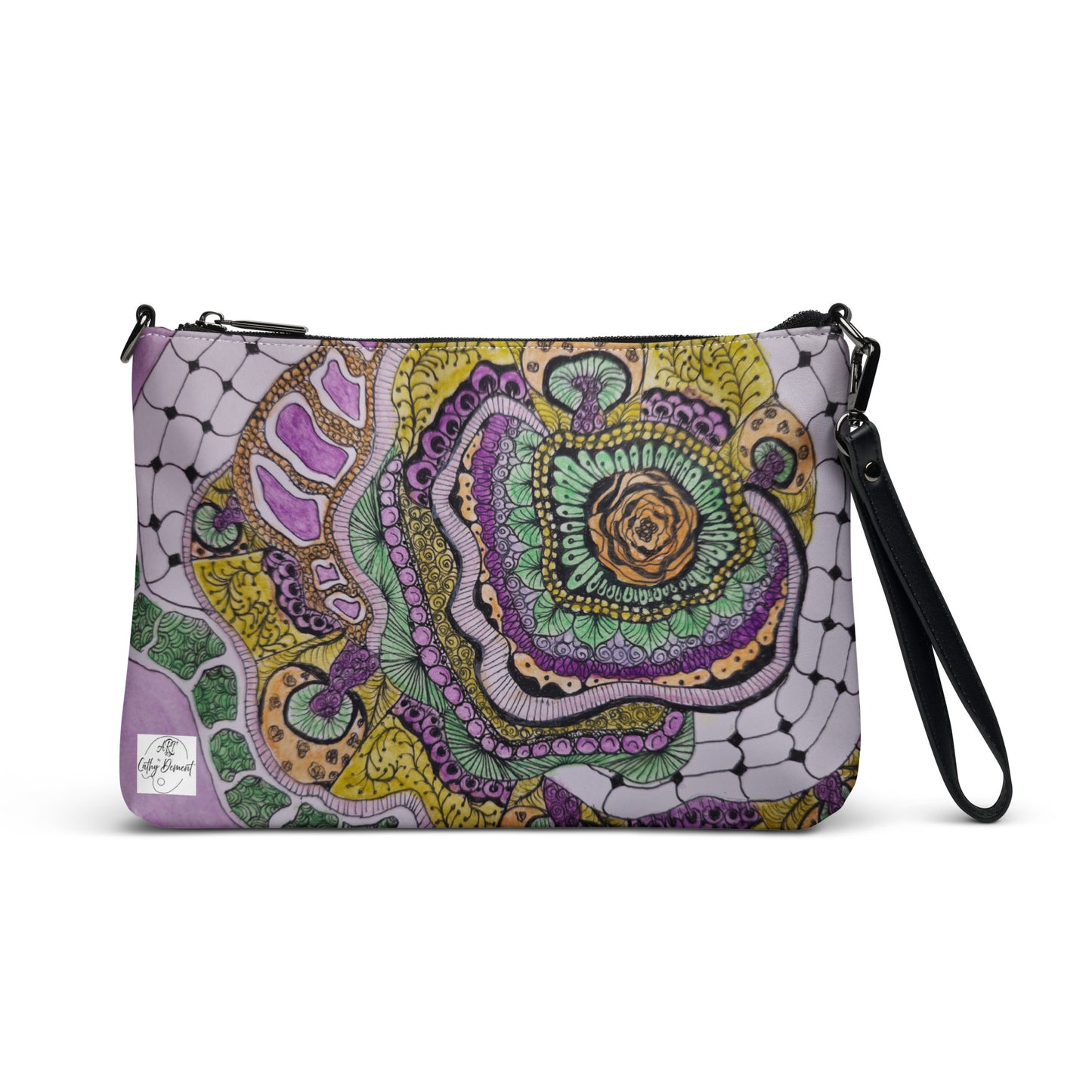 Crossbody Bag - Zen Floral Bliss, Zentangle Design Floral Art by Cathy Dement, Faux Leather, Interchangeable Wrist Strap