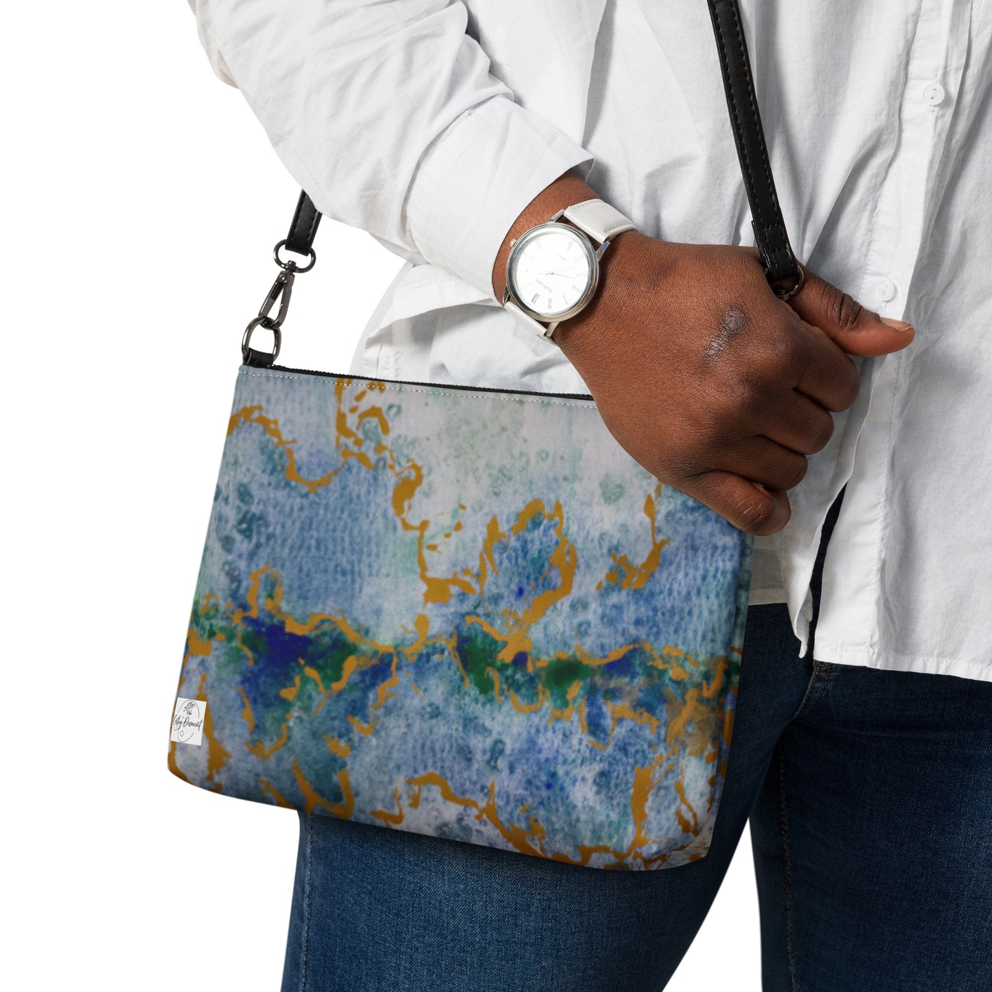 Crossbody Bag - Celestial Dreamscape, Abstract Watercolor in Blue, Green, and Gold by Cathy Dement, Faux Leather, Interchangeable Wrist Strap