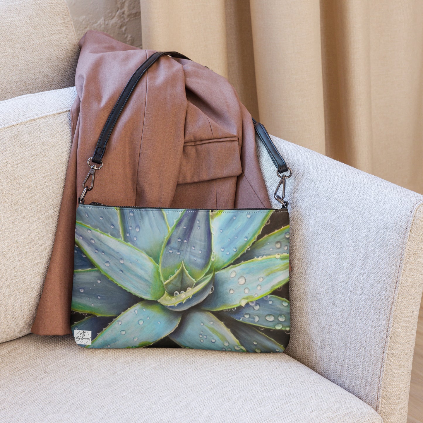 Crossbody Bag - Desert Jewel, Vibrant Agave Plant with Dew Drops, Artwork by Cathy Dement, Interchangeable Wrist Strap