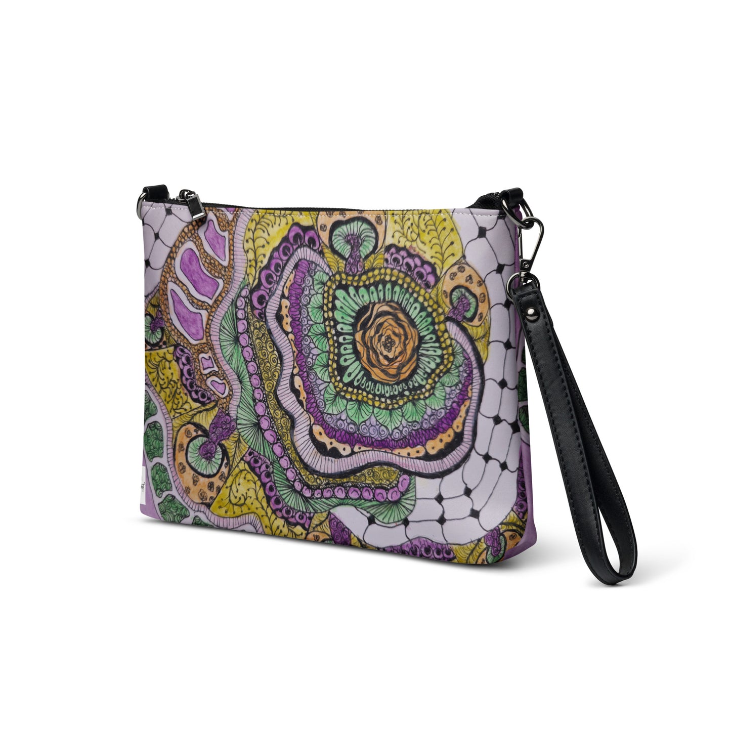 Crossbody Bag - Zen Floral Bliss, Zentangle Design Floral Art by Cathy Dement, Faux Leather, Interchangeable Wrist Strap