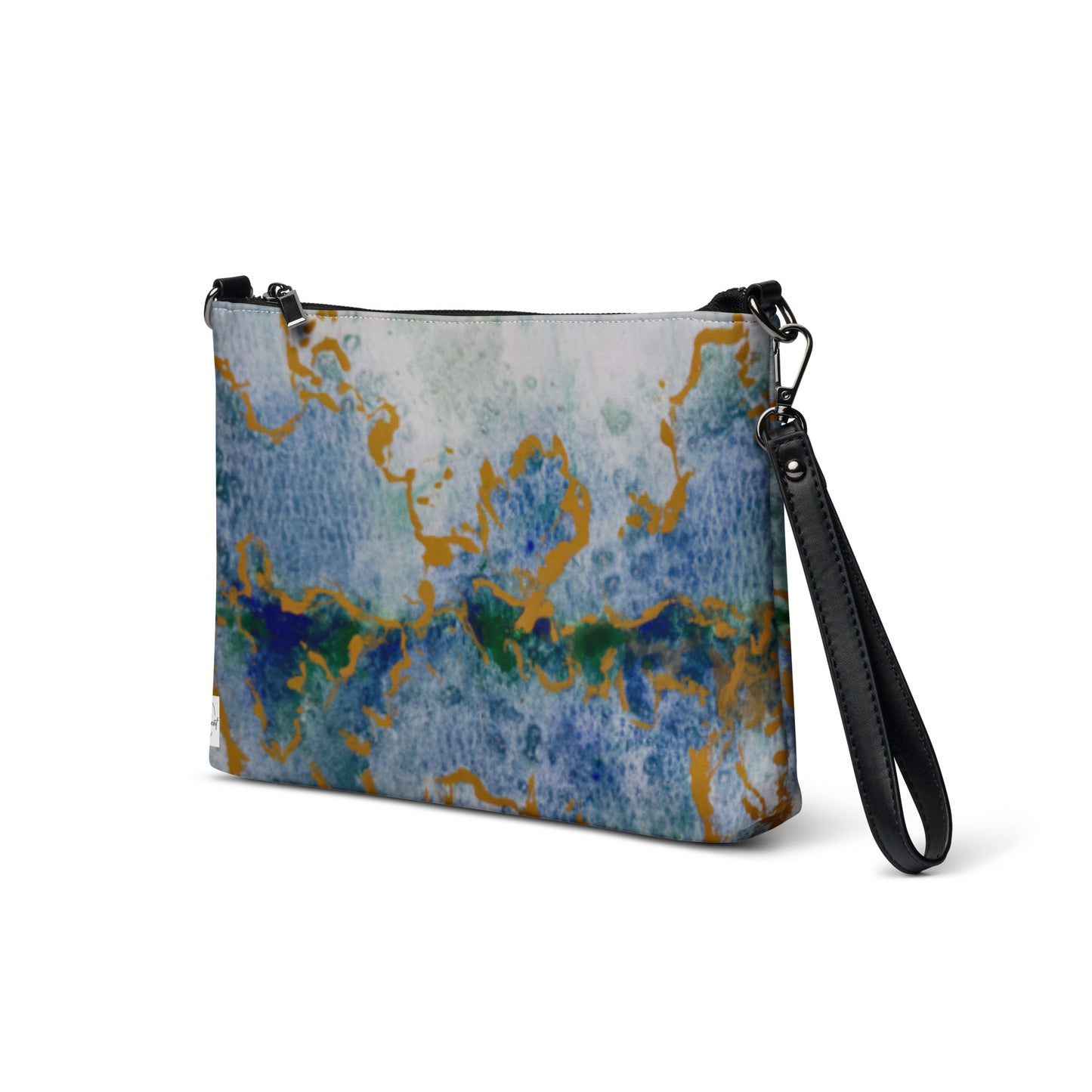 Crossbody Bag - Celestial Dreamscape, Abstract Watercolor in Blue, Green, and Gold by Cathy Dement, Faux Leather, Interchangeable Wrist Strap